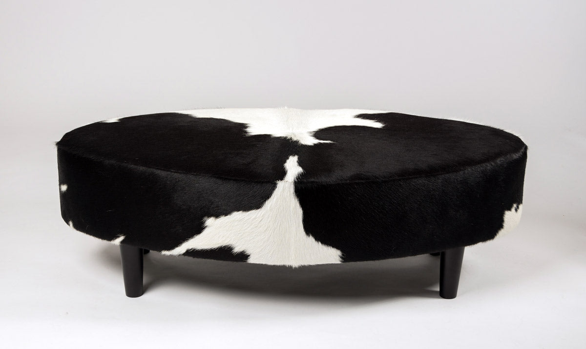 Premium Cowhide Ottoman with Oval Wooden Legs - 120x60x38cm Luxury Footstool, Coffee Table & Living Room Decor for Modern Home