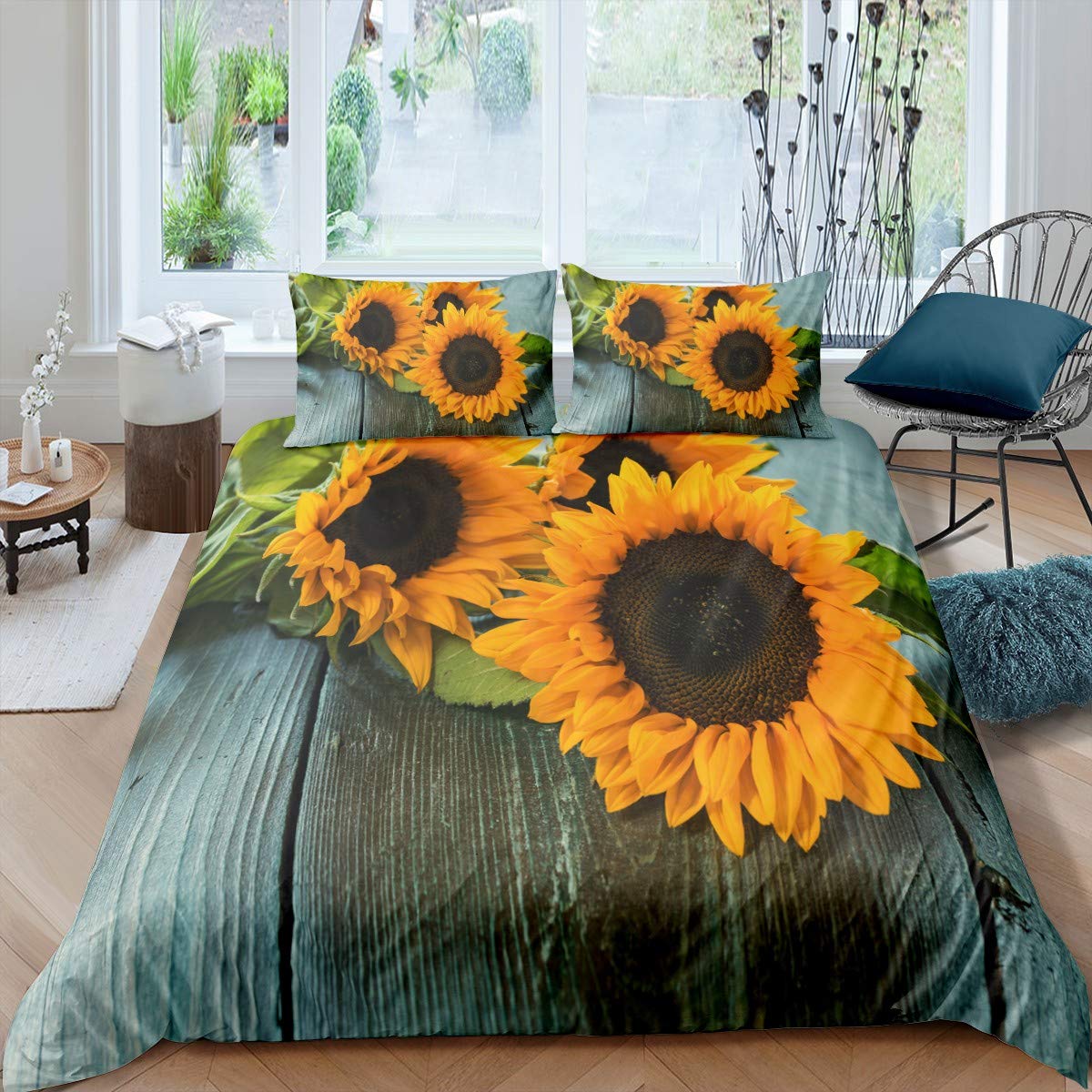 **Sunflower Bedding Set for Girls - Farmhouse Style Sunflower Blossom Duvet Cover, Vintage Green Floral Comforter Set - 3 Piece King Size - Perfect for Teens' Girly Bedroom Decor & Cozy Farmhouse Aesthetic**