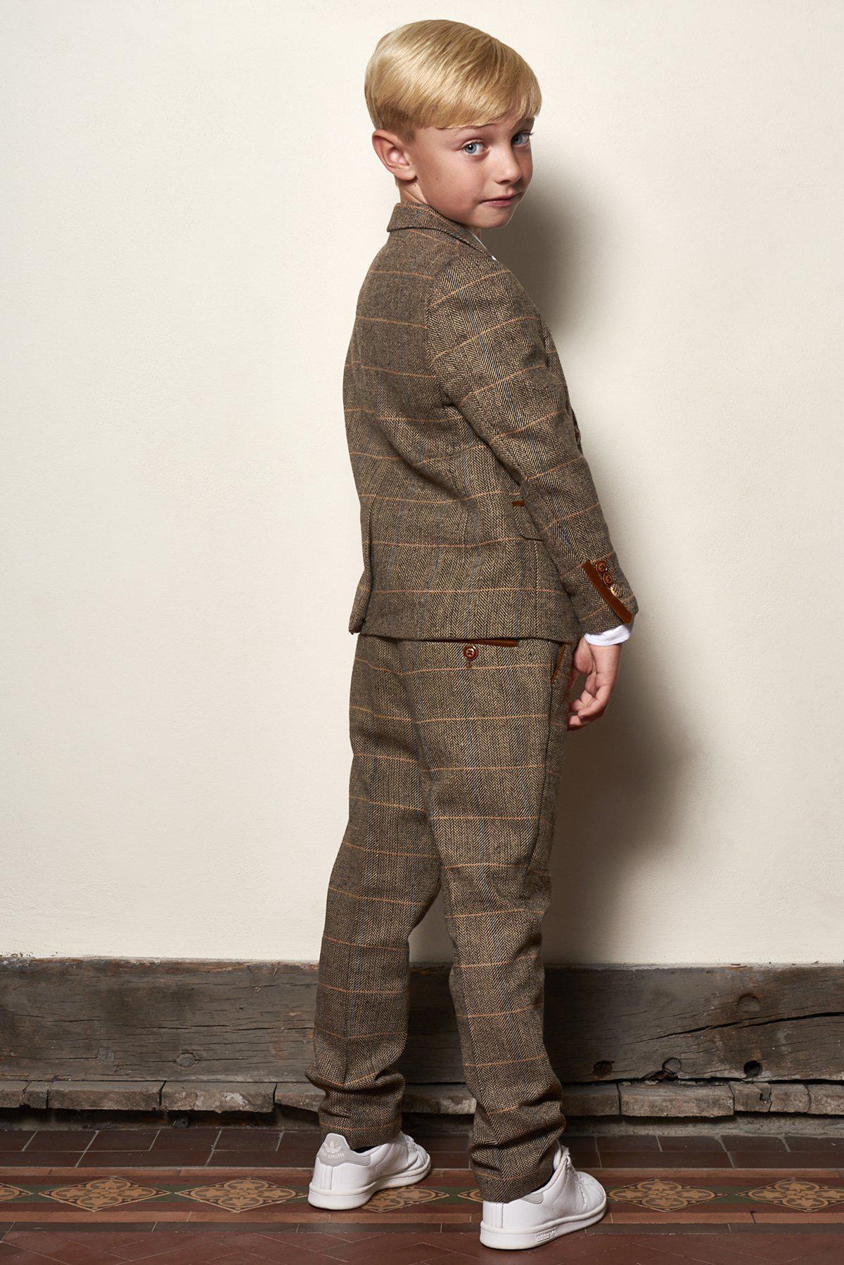 Stylish Men's TED Tan Tweed Check Three-Piece Suit Set - Perfect for Father & Son Matching Outfits, Weddings, and Formal Events
