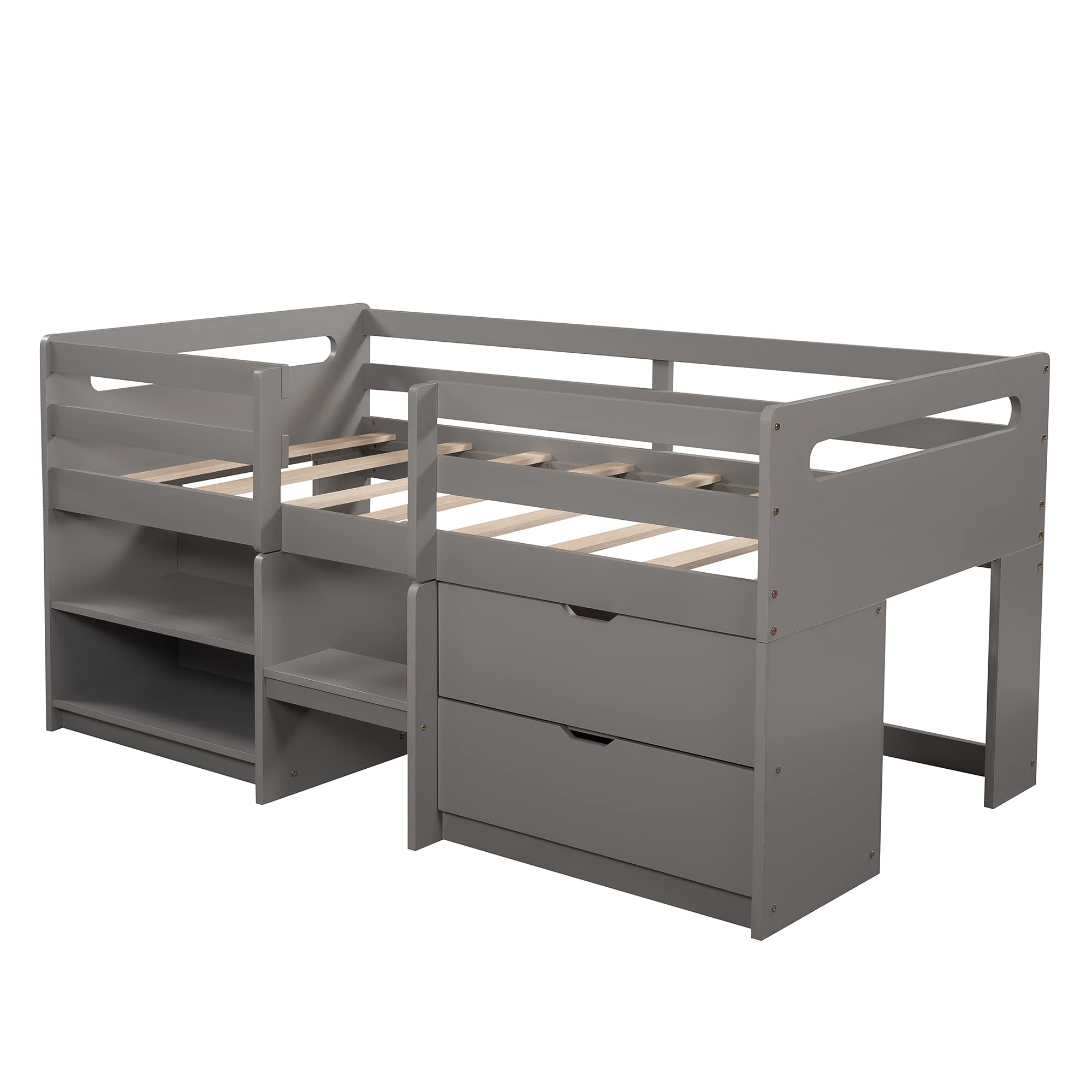 Twin Size Low Loft Bed for Kids & Teens - Solid Wood Loft Bed with 2 Shelves, 2 Drawers & Safety Guard Rail - Space-Saving Bedroom & Dorm Furniture - Perfect for Small Rooms & College Dorms (Gray)