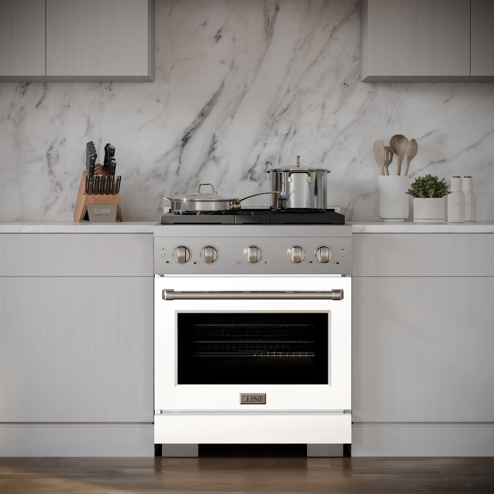 ZLINE 30-inch 4.2 cu. ft. Stainless Steel Gas Range with 4 Burner Cooktop & Convection Oven - White Matte Door (SGR WM 30) - Perfect for Modern Kitchens, Home Chefs & Professional Cooking