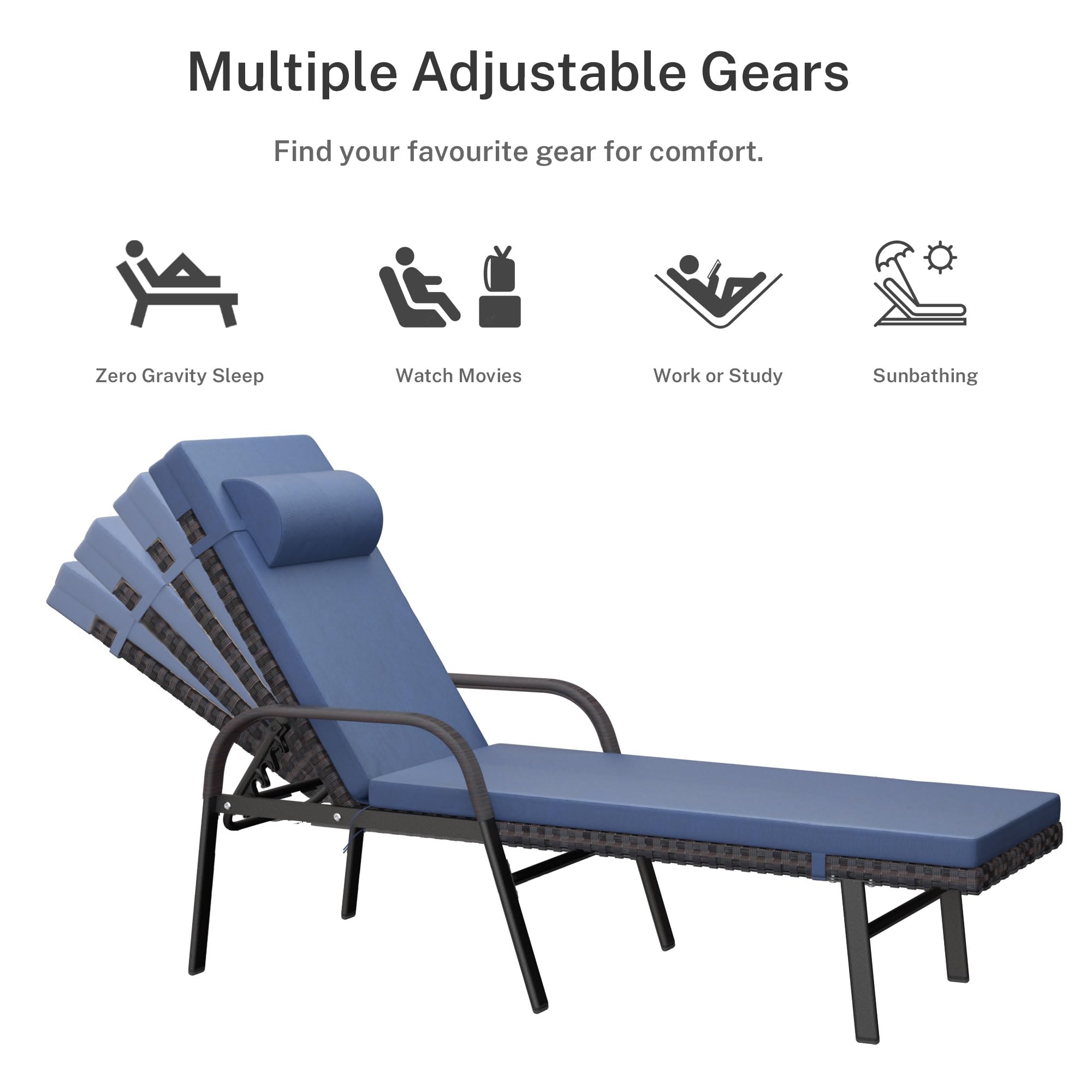 3-Piece Patio Chaise Lounge Set with Cushions - Adjustable Rattan Backrest Outdoor Folding Chairs & Table - Navy Blue Poolside Furniture for Backyard, Porch, Beach and Garden Relaxation