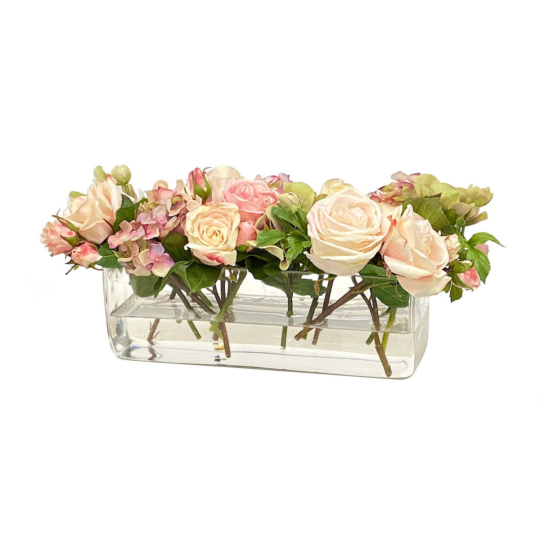 Premium Roses & Hydrangeas in Elegant Rectangular Glass Vase - Perfect for Home Decor, Wedding Centerpieces & Gift Giving