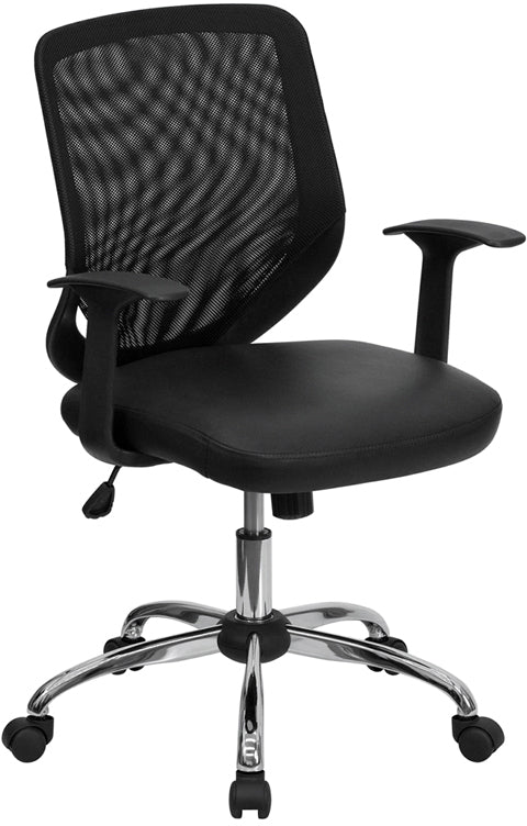 Ergonomic Mid Back Black Mesh Office Chair with Swivel Tilt & T-Arms - Breathable Mesh Back, Leather Seat & Chrome Base for Home Office, Gaming & Workspace Comfort