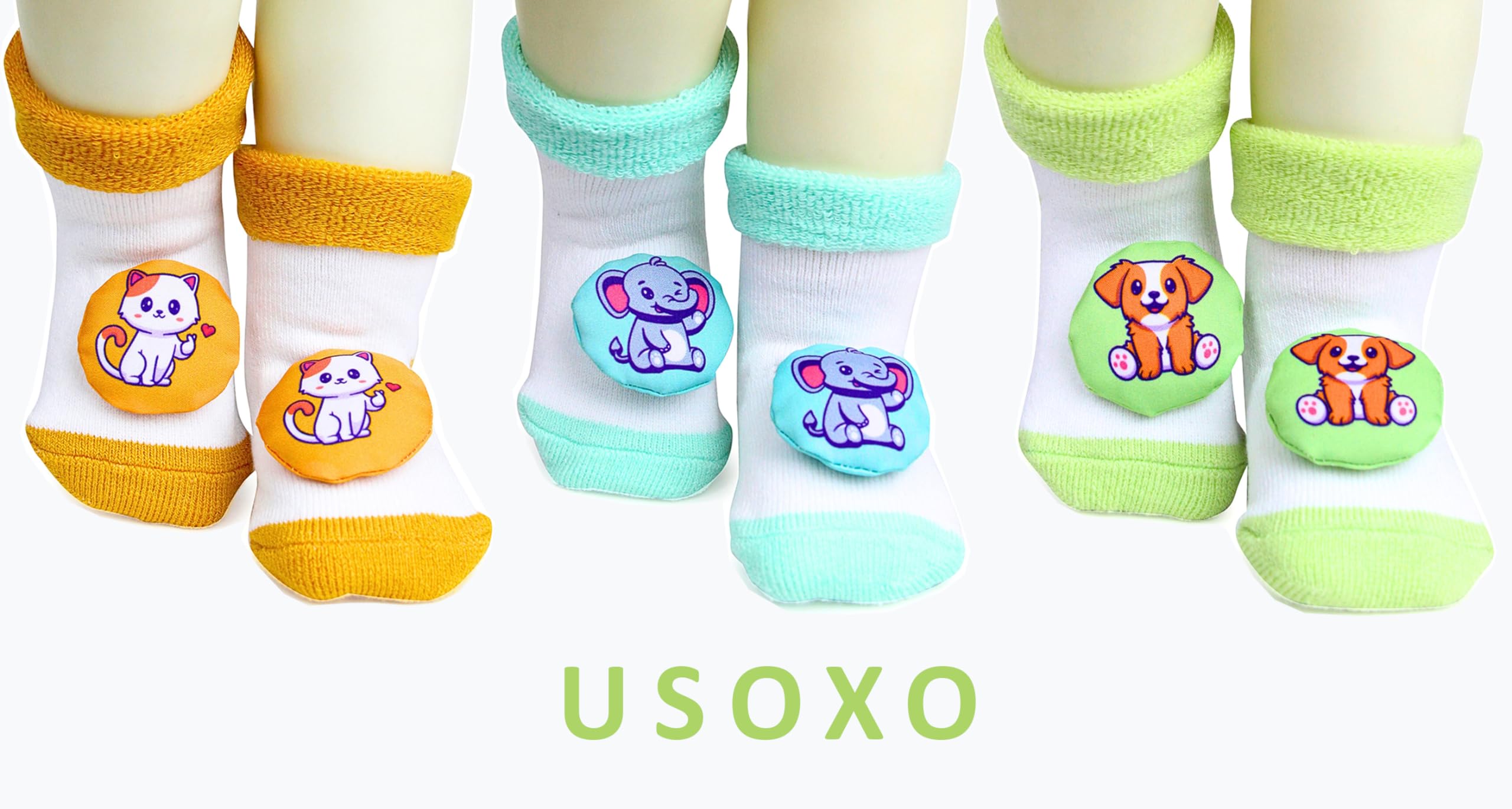 USOXO Newborn Baby Soft Cotton Cute Cartoon Terry Socks Shoes - Pack of 3 (6-9 Months, Multicolor) | Perfect for Infant Fashion, Photo Shoots & Gift Giving