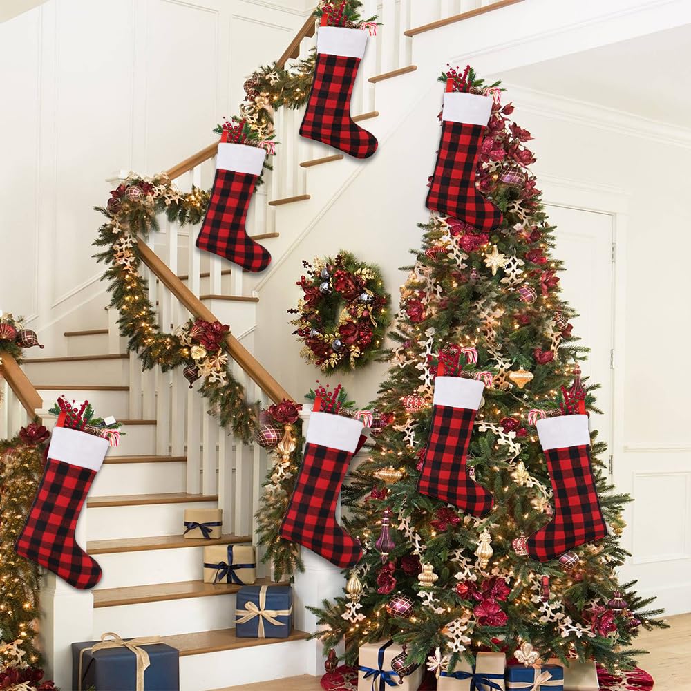 YUJUN 6 Pack 22 Inch Christmas Stockings - Large Buffalo Plaid Holiday Stockings in Black & Red for Fireplace, Tree & Party Decor | Perfect for Family Christmas Celebrations & Festive Home Decorations