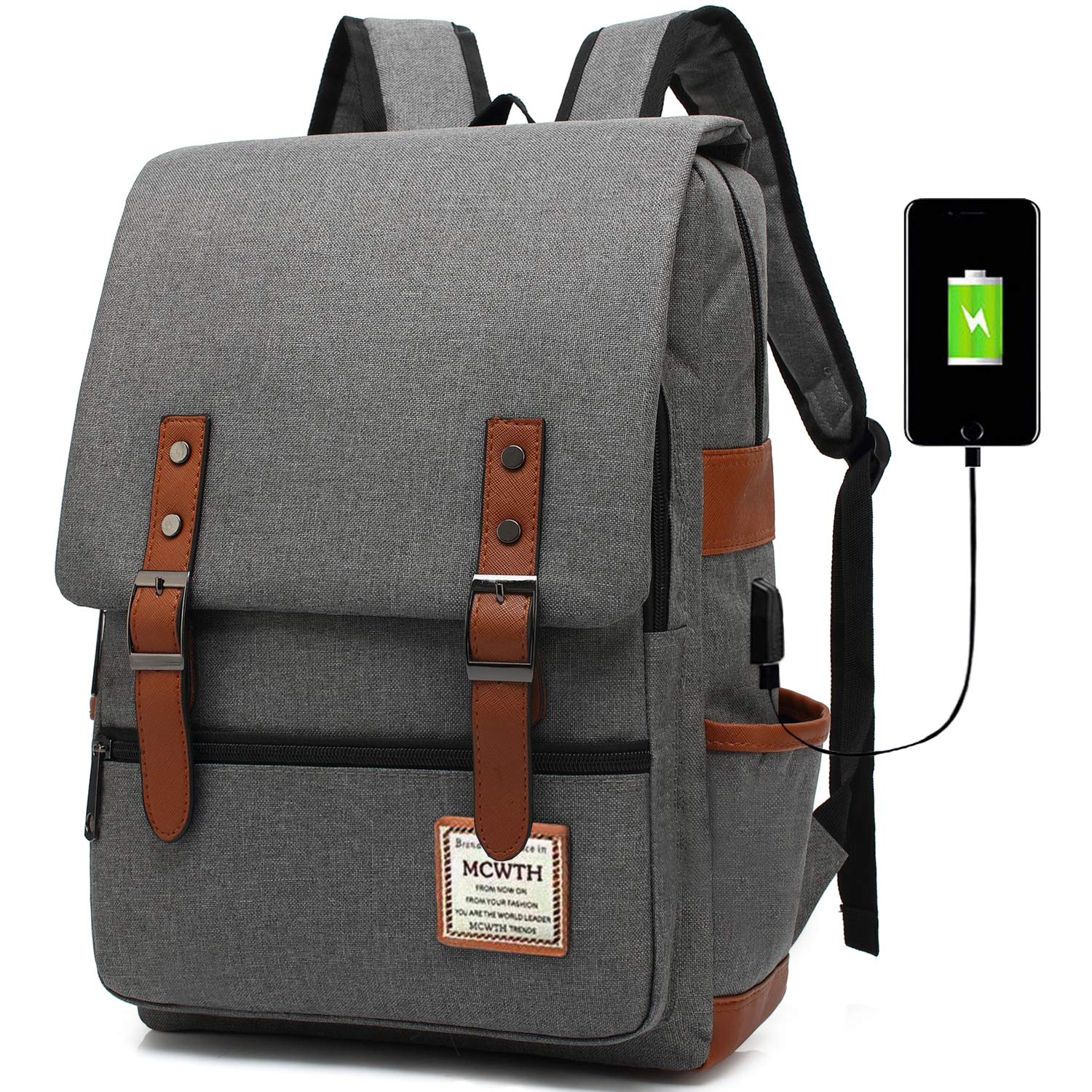 Travel Laptop Backpack - MCWTH Slim Durable Business Backpack with USB Charging Port, Water Resistant School Bag for College Students, Fits 15.6 Inch Laptop & Notebook, Grey - Perfect for Work, Study & Daily Commute
