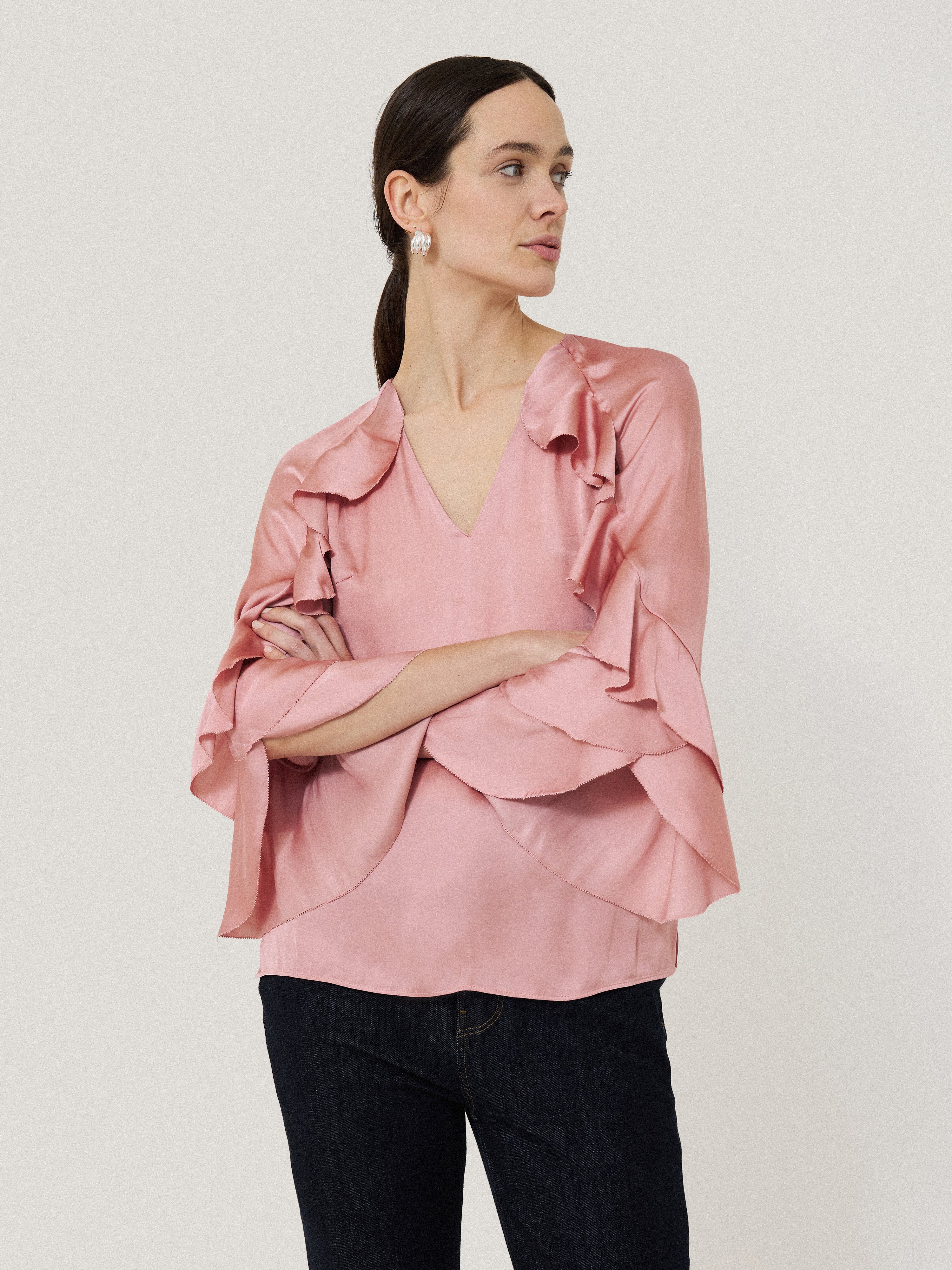 Eco-Friendly Recycled Satin Blouse with Flowy Frill Details - Soft Pink Women's Fashion Top for Casual Wear, Date Night & Office Outfits