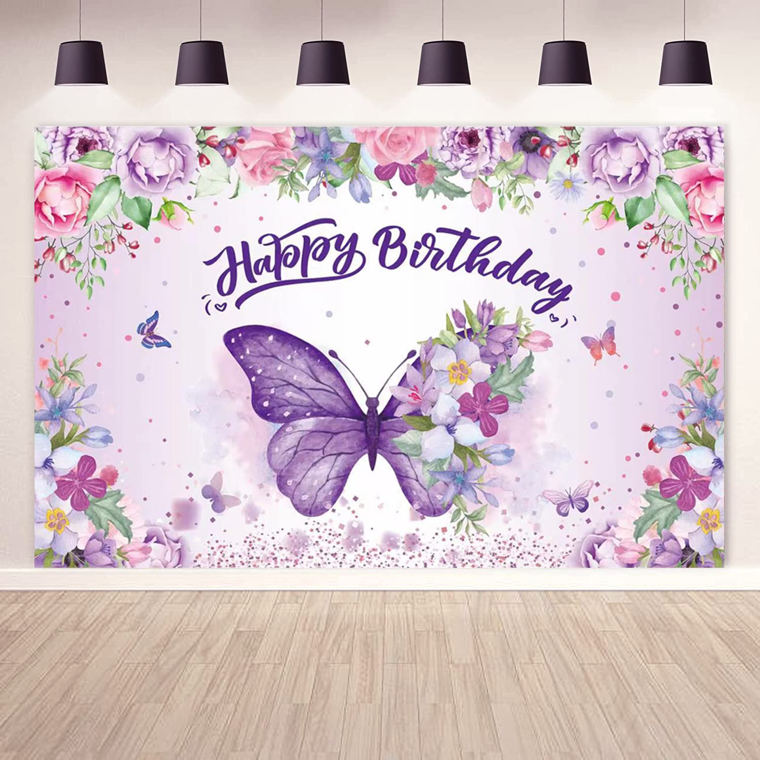 Purple Butterfly Happy Birthday Backdrop & Banner - Elegant Women's Birthday Decor, Baby Shower & Fairy Themed Party Supplies - Perfect for Spring Celebrations, Indoor/Outdoor Decorations