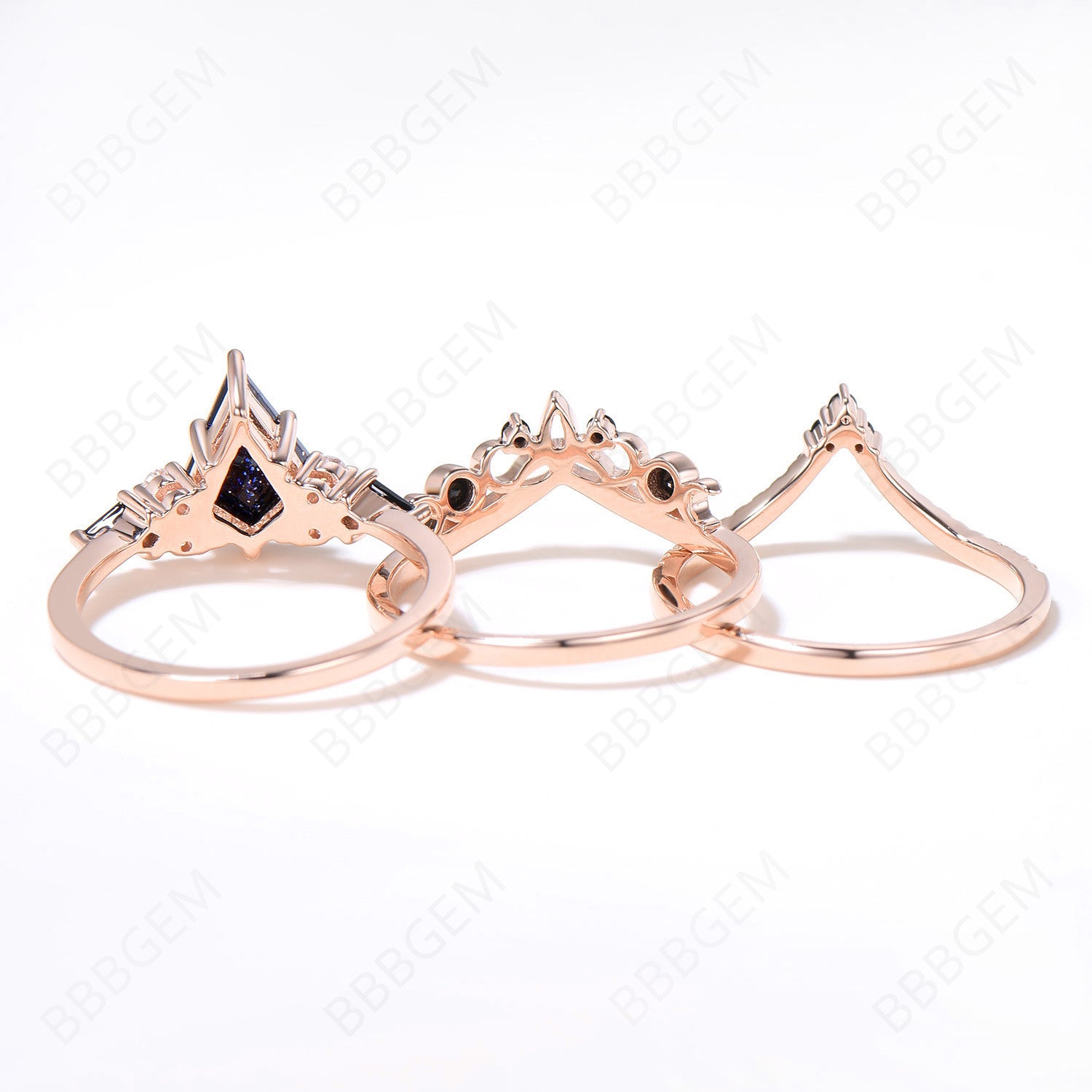 3pcs Kite Galaxy Blue Sandstone Engagement Ring Set - 14k Rose Gold Celtic Knot Black Diamond Bridal Jewelry - Unique Wedding Band for Women - Perfect for Proposals, Anniversaries & Romantic Occasions