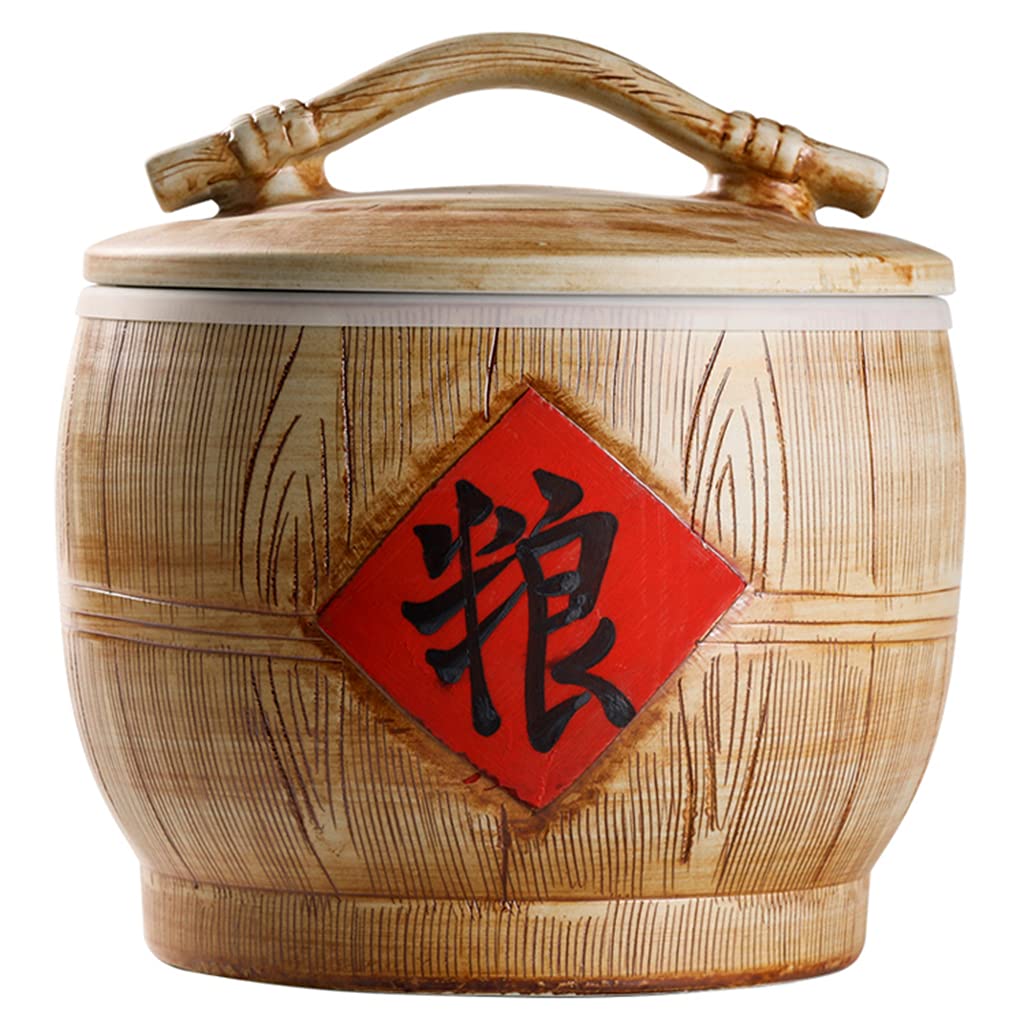 Wood Grain Ceramic Rice Storage Container - Airtight Sealed Cylinder for Cereal, Dry Goods, Tea & Cake | Perfect for Kitchen Pantry Organization & Bulk Food Storage