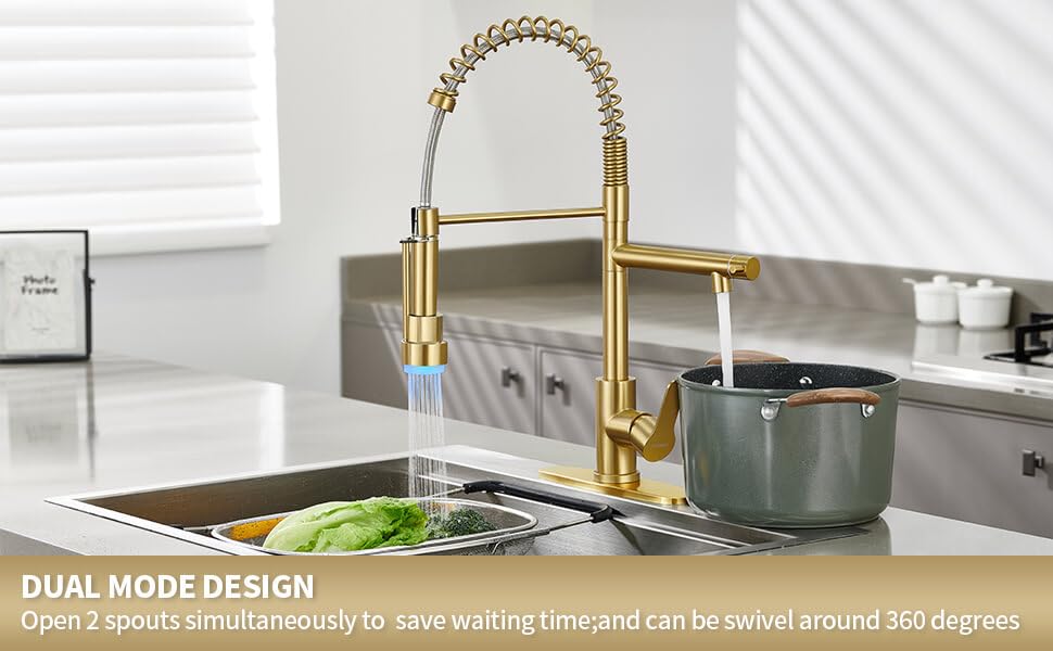 Modern Stainless Steel Kitchen Faucet with Pull Down Sprayer & LED Light - Brushed Gold Dual Spout Sink Faucet with Pot Filler - Perfect for Cooking, Washing Dishes & Filling Pots in Contemporary Kitchens