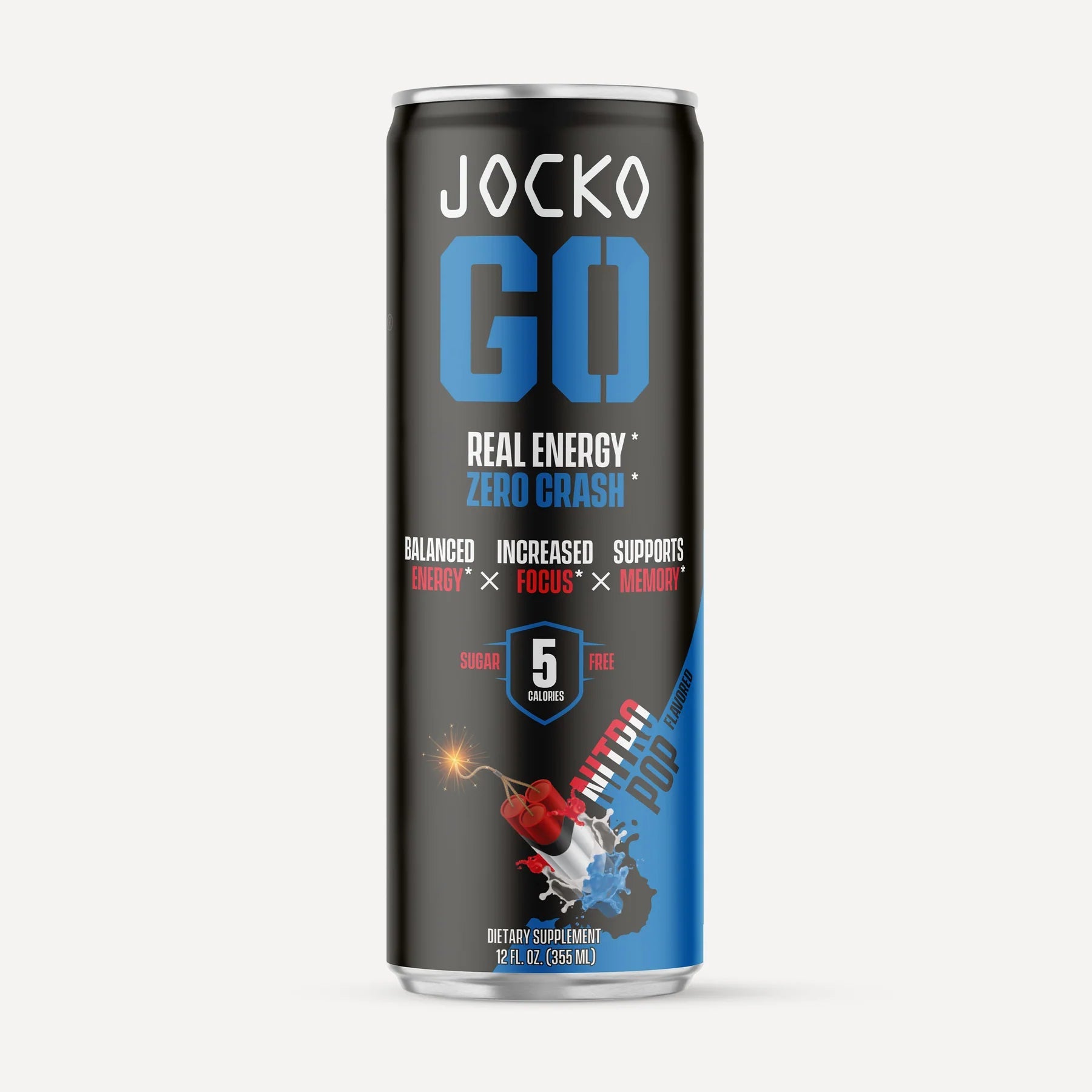 JOCKO GO Energy Drink Nitro Pop - 12 Pack Sugar Free Pre Workout Supplement with Natural Caffeine | Boost Energy & Focus for Gym, Running & Sports Performance