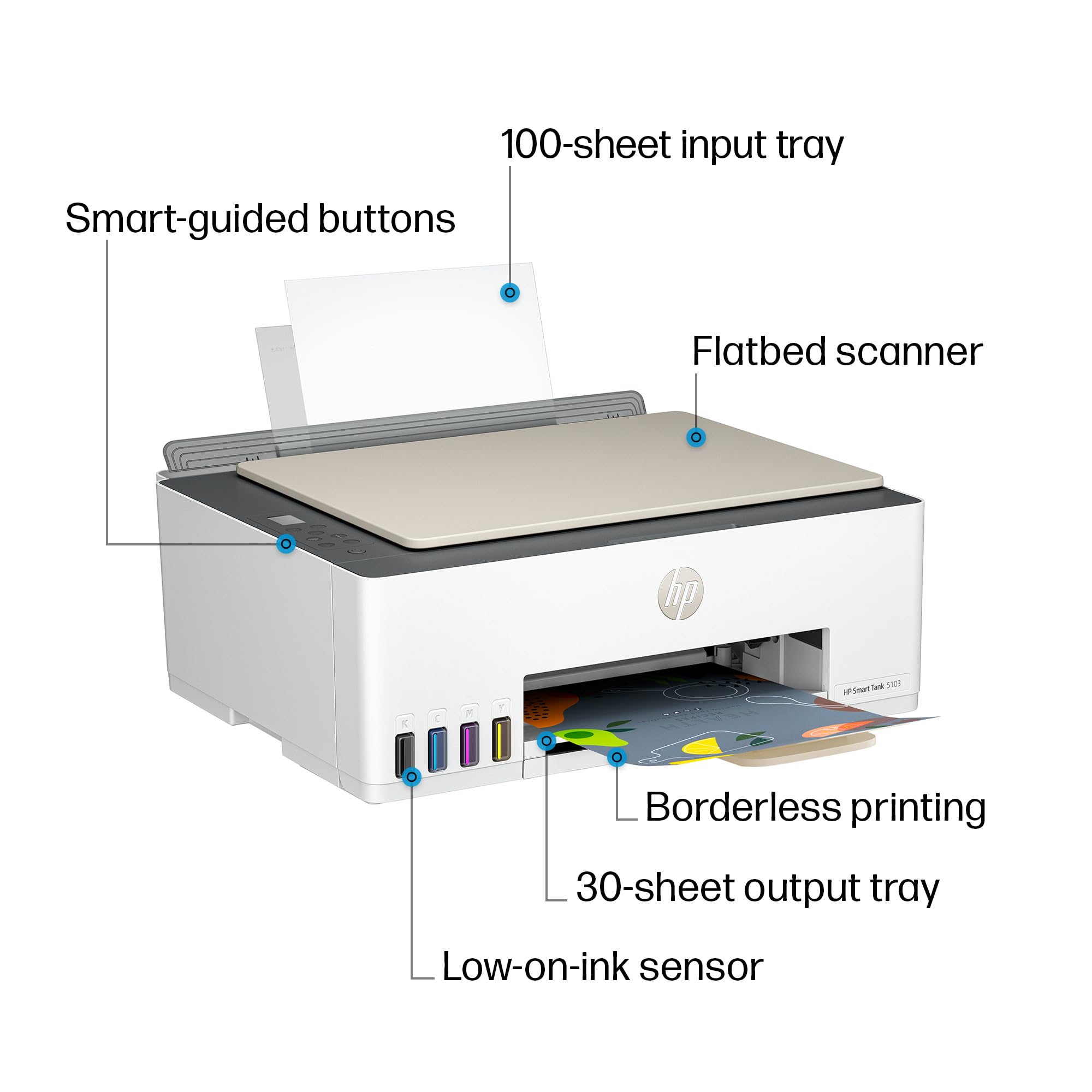 HP Smart Tank 5103 Wireless All-in-One Ink Tank Printer with 2 Years of Ink Supply & 100 Photo Papers - Print, Scan, Copy for Home Office | Refillable Ink System (5D1B2A) | Perfect for Remote Work, School Projects & Family Photo Printing