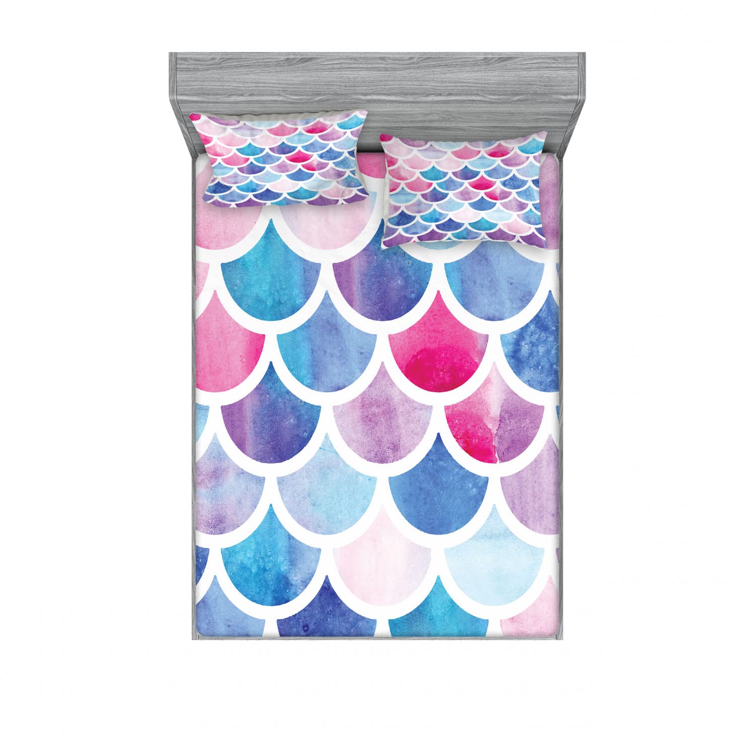 Ambesonne 2-Pack Queen Size Fitted Sheet & Pillow Sham Set - Pastel Mermaid Scale Pattern Bedding Decor (4-Piece Set, Includes 2 Fitted Sheets & 4 Pillow Covers) - Perfect for Beach House, Mermaid-Themed Bedroom or Coastal Decor