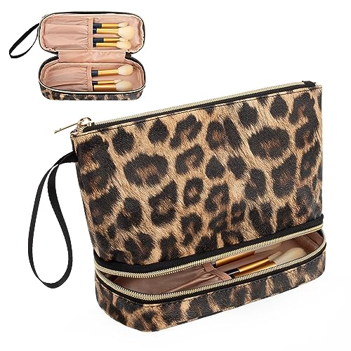 Ethereal Small Makeup Bag for Women - Double Layer Travel Cosmetic Organizer with Brush Holder, Leopard Print, Portable Purse Size (Pack of 1) | Perfect for Daily Use, Travel & On-the-Go Touch Ups