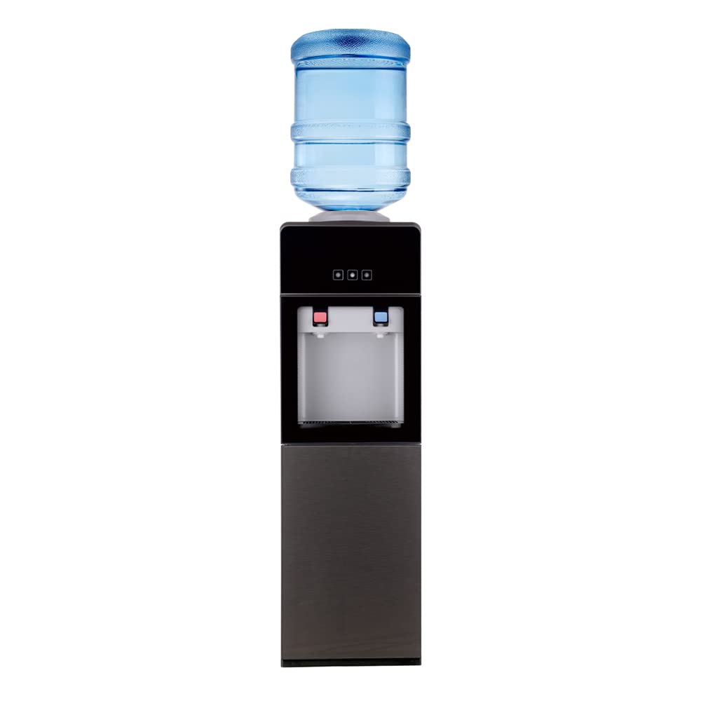 Top Loading Hot & Cold Water Cooler Dispenser for Home & Office - 3/5 Gallon Bottle Capacity with Removable Drip Tray & Storage Cabinet - Ideal for Kitchen, Living Room, Office Break Room (Black)