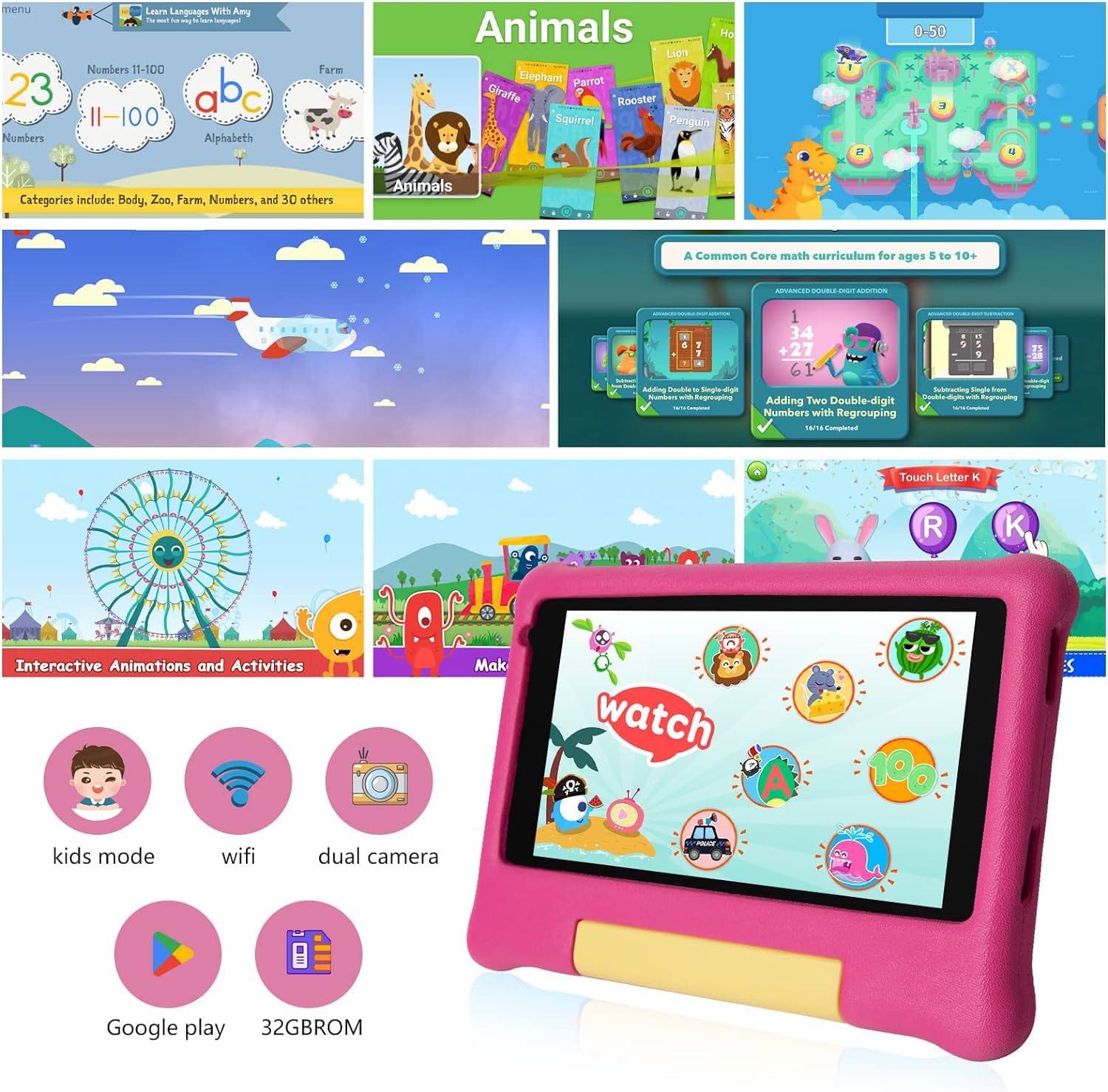 ZOFYWNAS 7 inch Kids Tablet with Android 13 - 32GB Expandable Storage, Parental Controls & Preloaded Educational Apps - Dual Camera Learning Tablet for Children (Pink) | Perfect for Homeschooling, Travel & Early Childhood Education