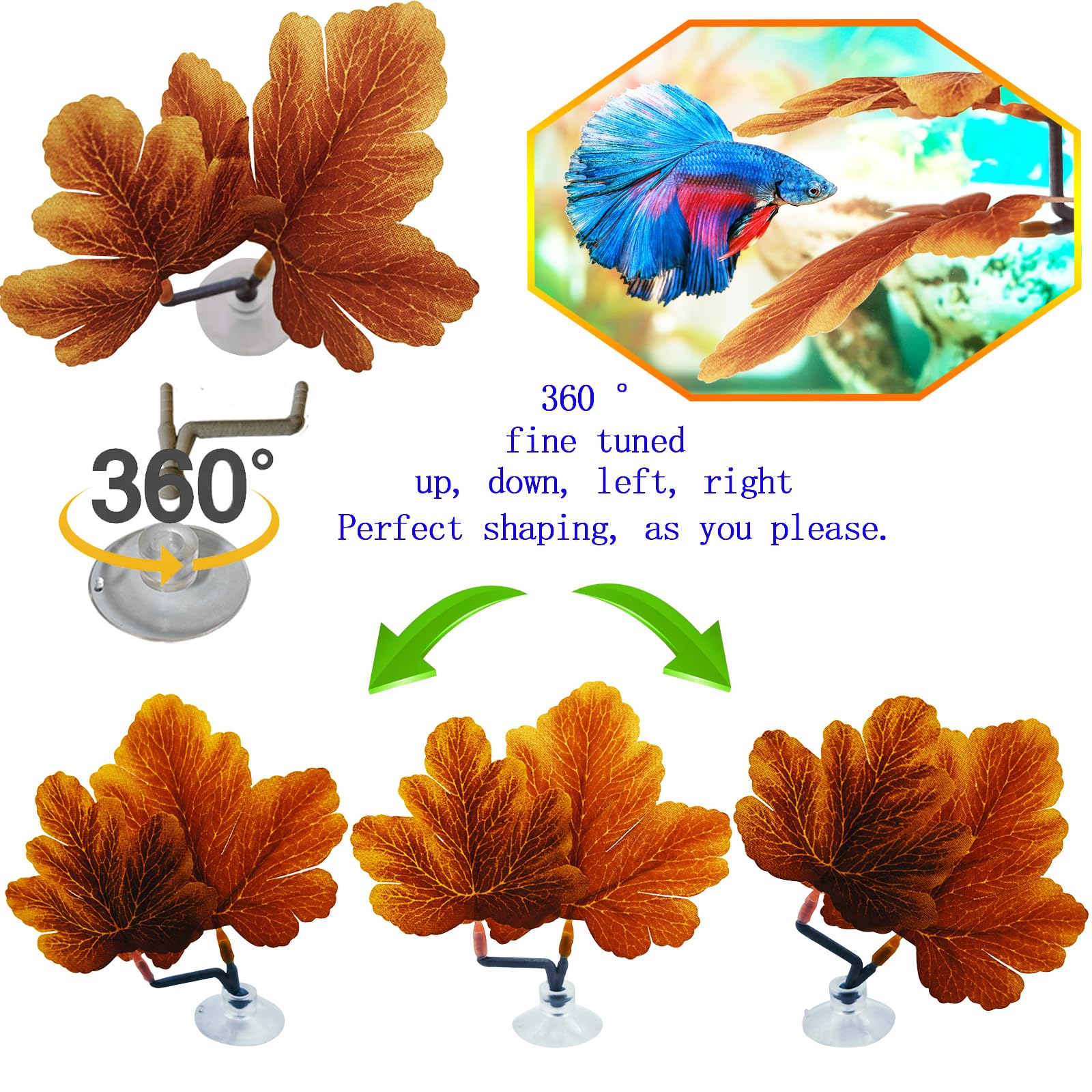 Natural Betta Leaf Hammocks with Suction Cup - 3pcs Aquarium Decor for Fish Tank, Plastic Plants for Spawning Breeding & Resting Bed - Multi-Leaf Design (Green) | Perfect for Betta Fish Habitat & Aquascaping Decorations