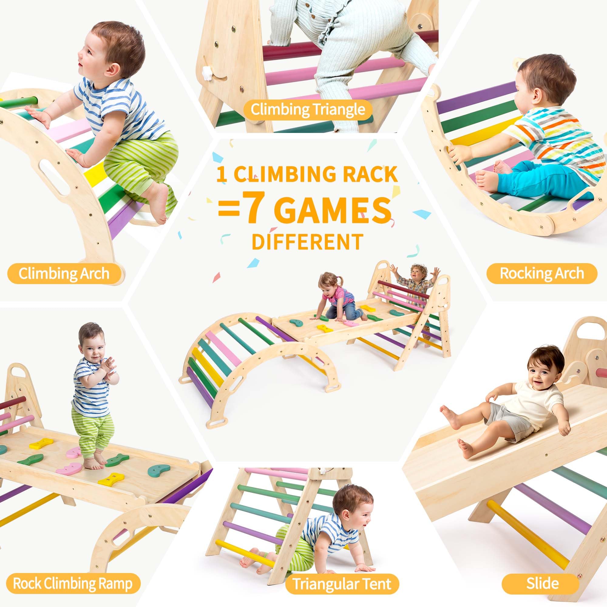 7-in-1 Foldable Wooden Pikler Triangle Set with Arch, Ramp & Ladder - Montessori Climbing Toys for Toddlers 1-5 Years - Extra Large Indoor Playground Jungle Gym for Kids - Perfect for Home Playrooms, Daycares & Preschools