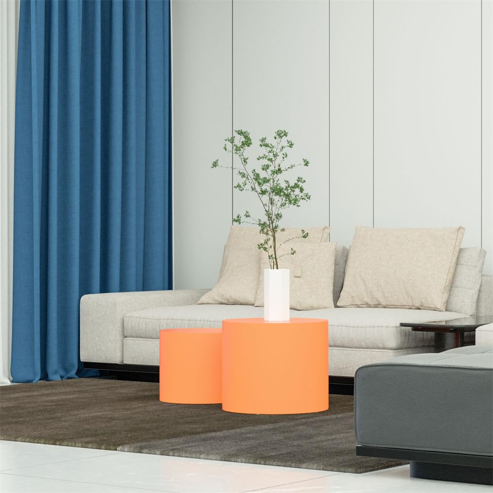 Modern 2-Piece Nesting Coffee Table Set - Round Drum Side & End Tables for Living Room, Office, Bedroom - Space-Saving MDF Furniture, No Assembly Required, Orange - Perfect for Small Spaces & Home Decor