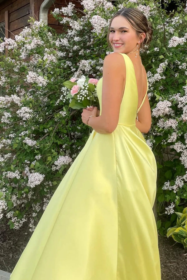 Elegant Yellow A-Line Satin Prom Dress with Straps - Long Formal Party Gown TP1396 | Perfect for Homecoming, Prom Night & Evening Events