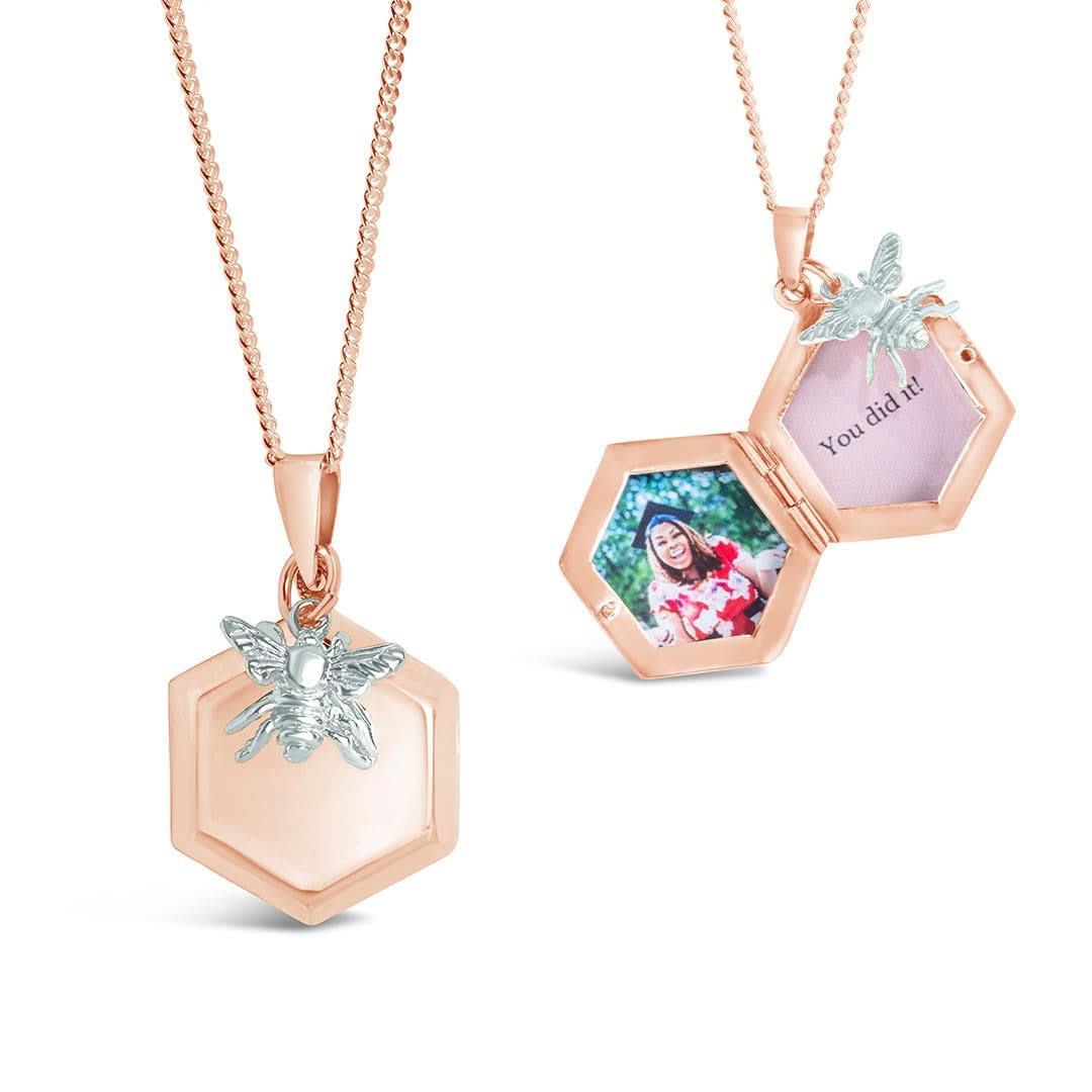 Bee Locket Necklace in Rose Gold with Photo Insert - Perfect for Gifts, Memorial Jewelry & Keepsakes for Loved Ones