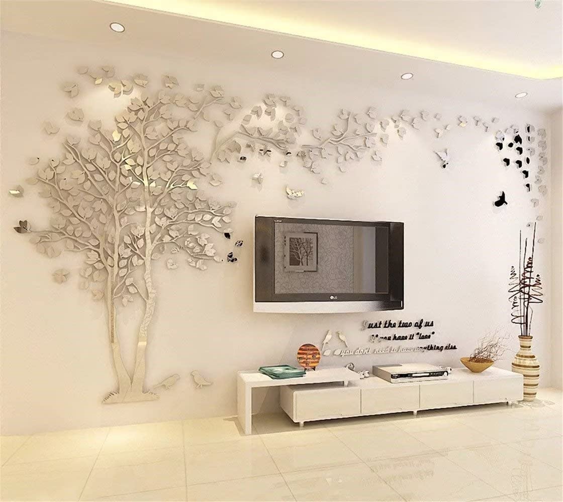 3D Tree Wall Decals - DIY Peel and Stick Wall Stickers with Birds, Large 158x79 Inch Family Tree Mural for Living Room, Bedroom, TV Background - Silver Left Design | Perfect for Home Decor, Nursery, Kids Room & Wedding Photo Backdrop