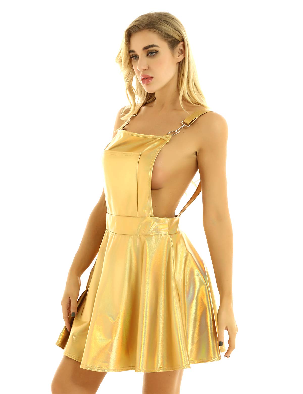 Women's Metallic Holographic Pleated Bib Overall Pinafore Dress - Stylish Mini Suspender Skirt with Braces for Casual Outings, Parties & Fashion Streetwear