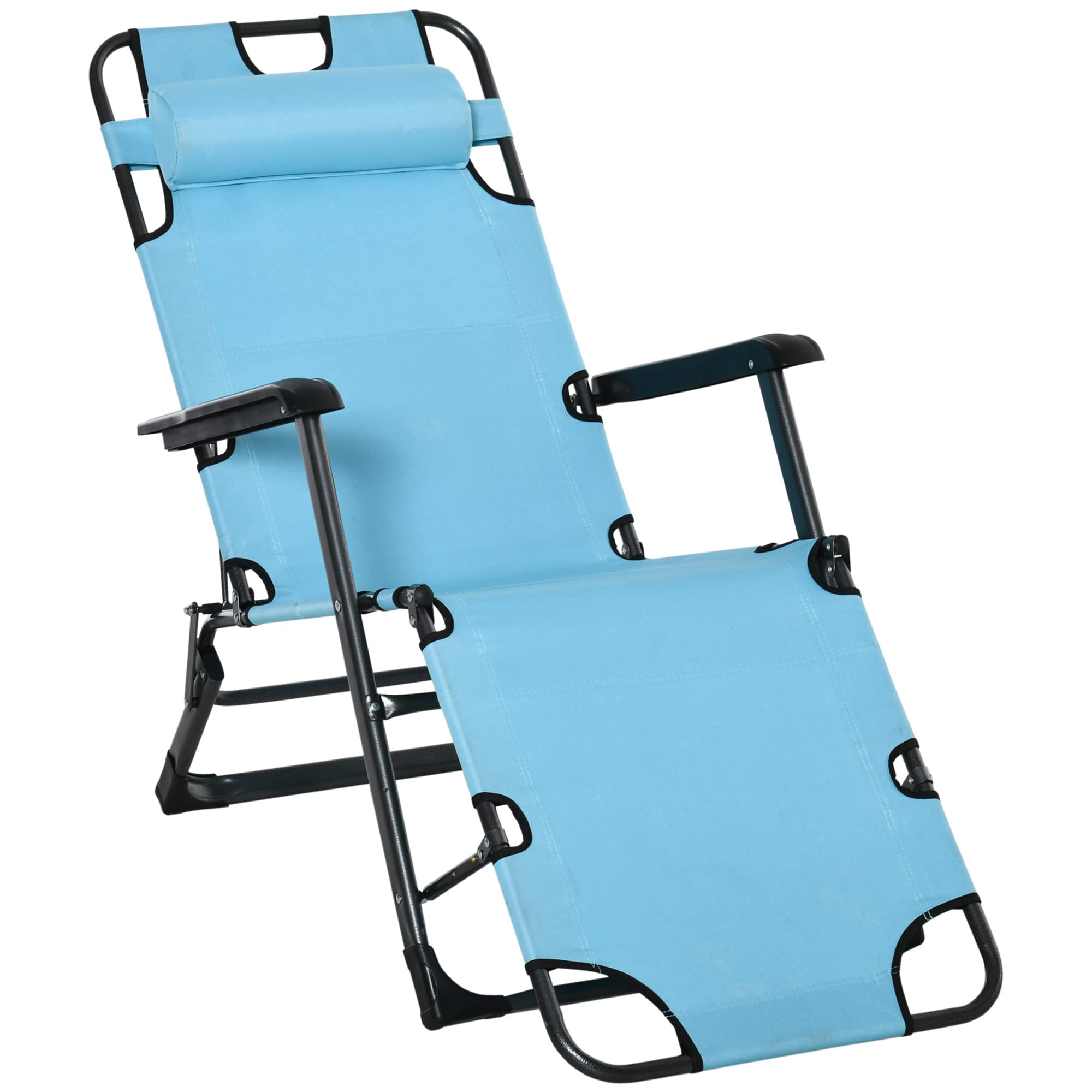 Outsunny 2-in-1 Folding Patio Lounge Chair with Pillow - Portable Outdoor Sun Lounger Reclines 120° to 180° - Durable Oxford Fabric in Blue - Perfect for Poolside, Beach, Backyard & Patio Relaxation