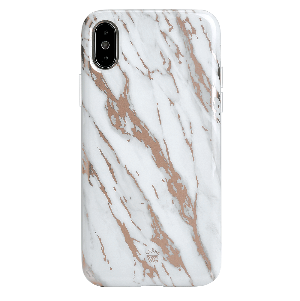 Elegant White Marble with Rose Gold Chrome iPhone Case - Slim Protective Cover for iPhone 13/14/15 Pro Max | Perfect for Everyday Use, Office & Travel