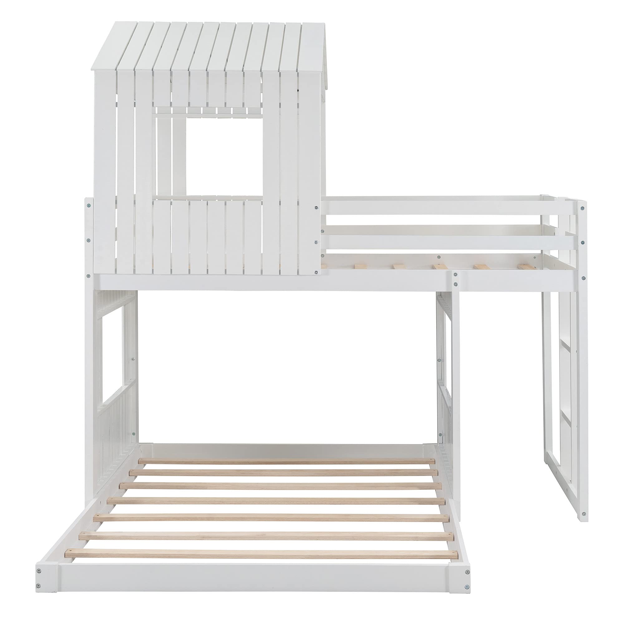 **Kids Bunk Bed with Slide - Twin Over Full Wooden Playhouse Bed for Toddlers & Children, Farmhouse Design with Roof, Window, Guardrail & Ladder - Perfect for Bedrooms, Playrooms & Sleepovers (White)**