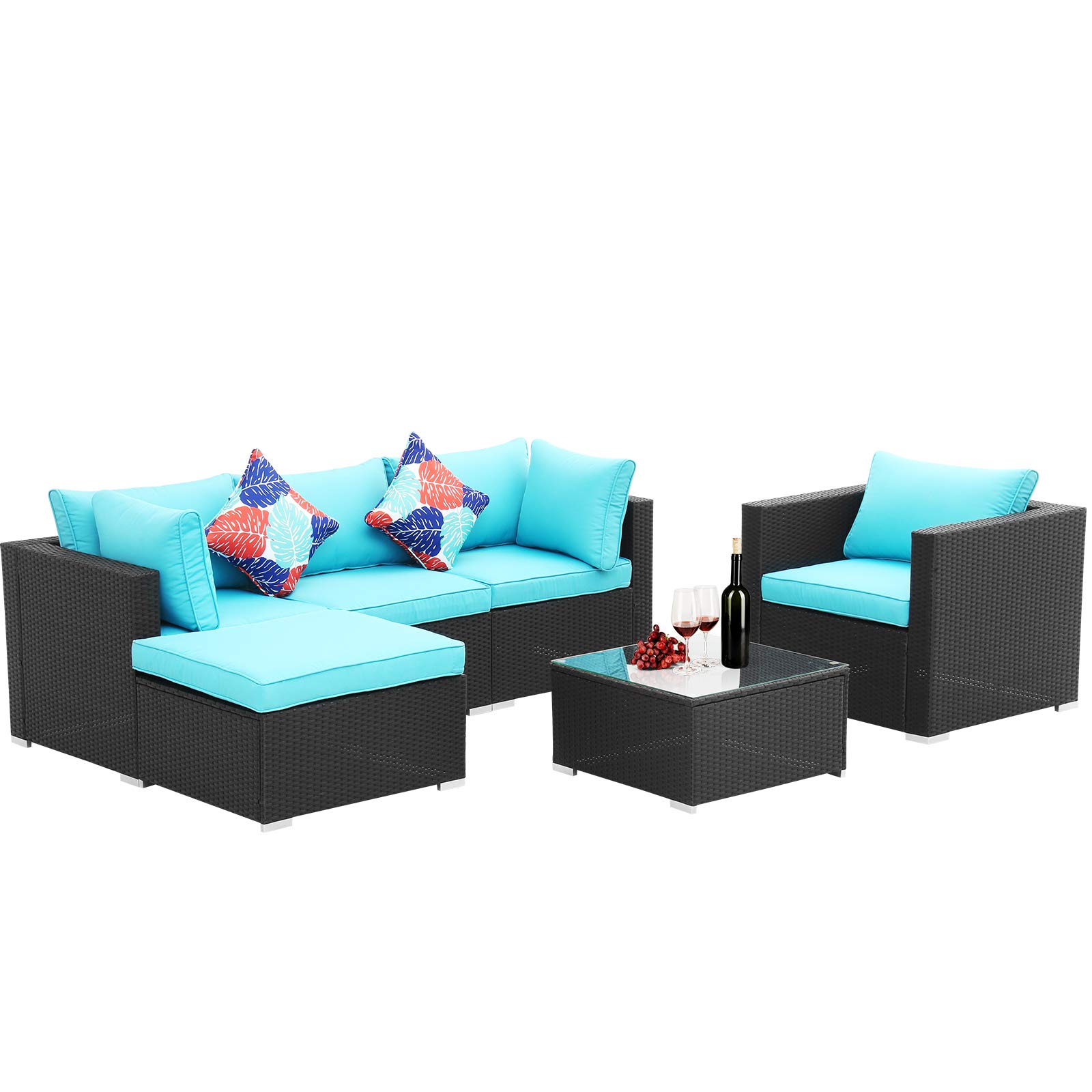 Ainfox 6-Piece Outdoor Patio Furniture Set - PE Rattan Wicker Sectional Sofa with Cushions & Glass Coffee Table - Perfect for Backyard, Garden, Poolside & Patio Relaxation
