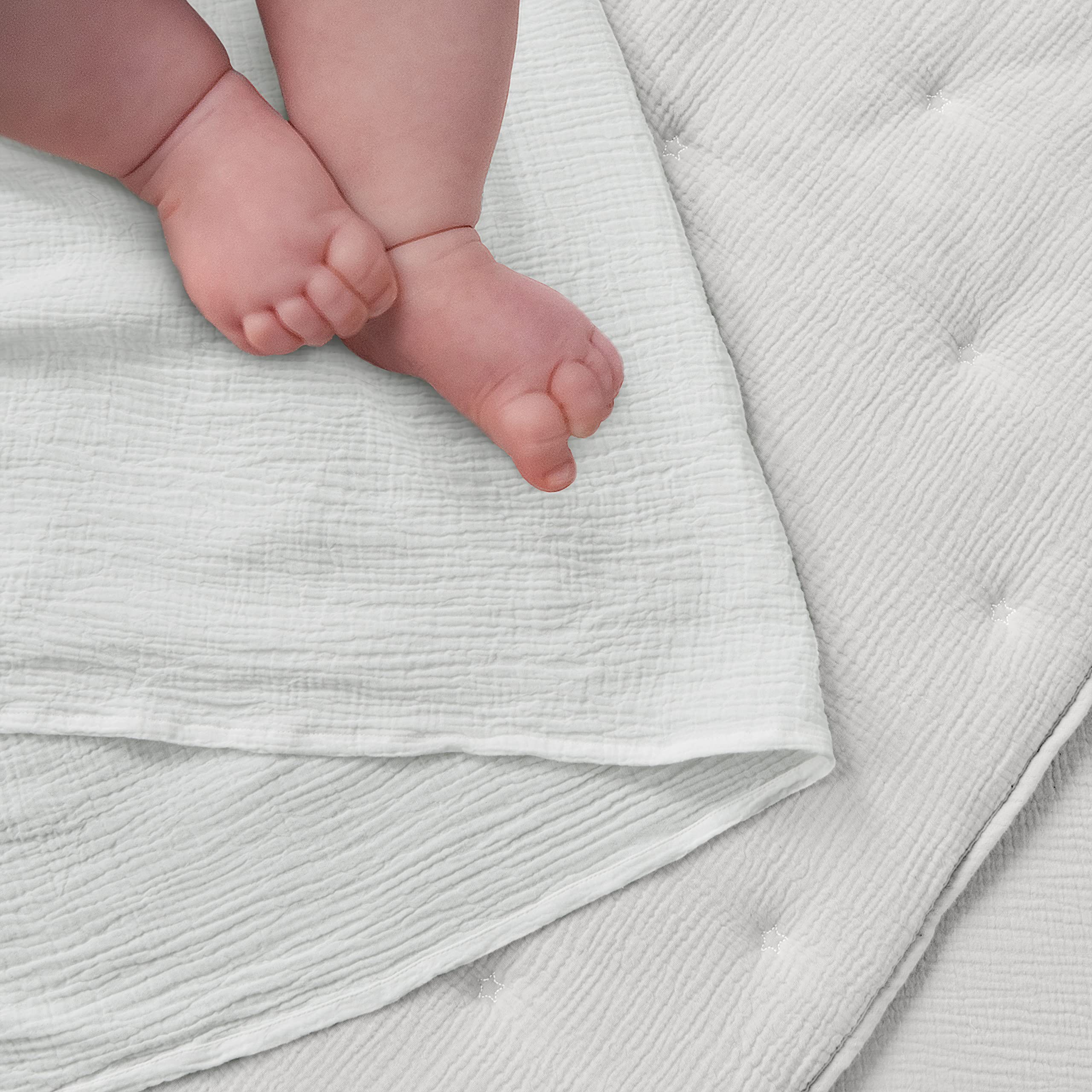 Levtex Baby Cloud Muslin Crib Bed Set - 5 Piece Nursery Set with Quilt, Fitted Sheet, Swaddles & Lovey - Soft Textured Muslin for Newborns - White Star Design - Perfect for Nursery Decor, Baby Shower Gifts & Cozy Sleep Time