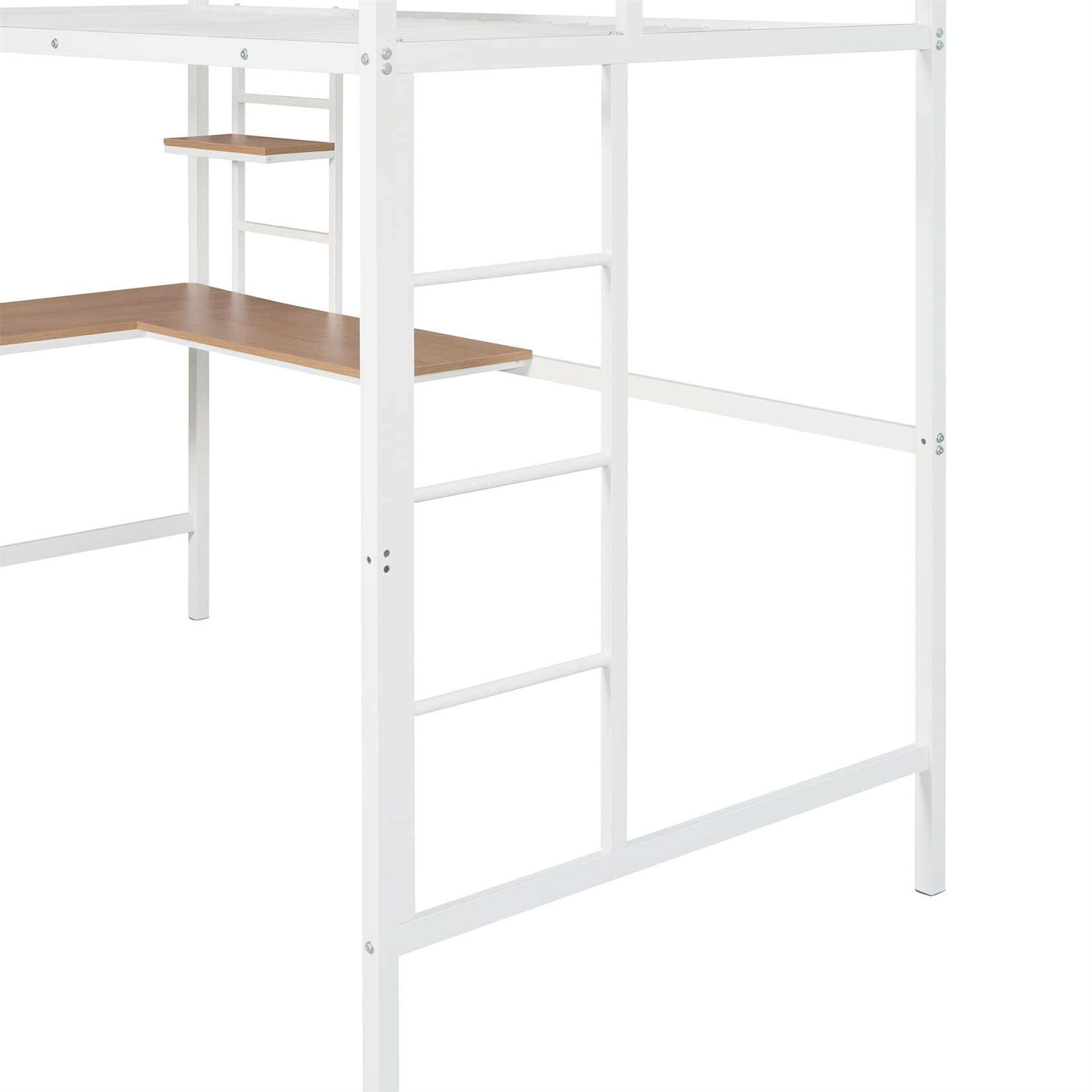 **White Twin Loft Bed with Desk & Bookcase - Metal Frame Kids Bunk Bed with Ladder & Safety Guard Rail - Perfect for Small Bedrooms, Dorms, or Shared Kids' Rooms**