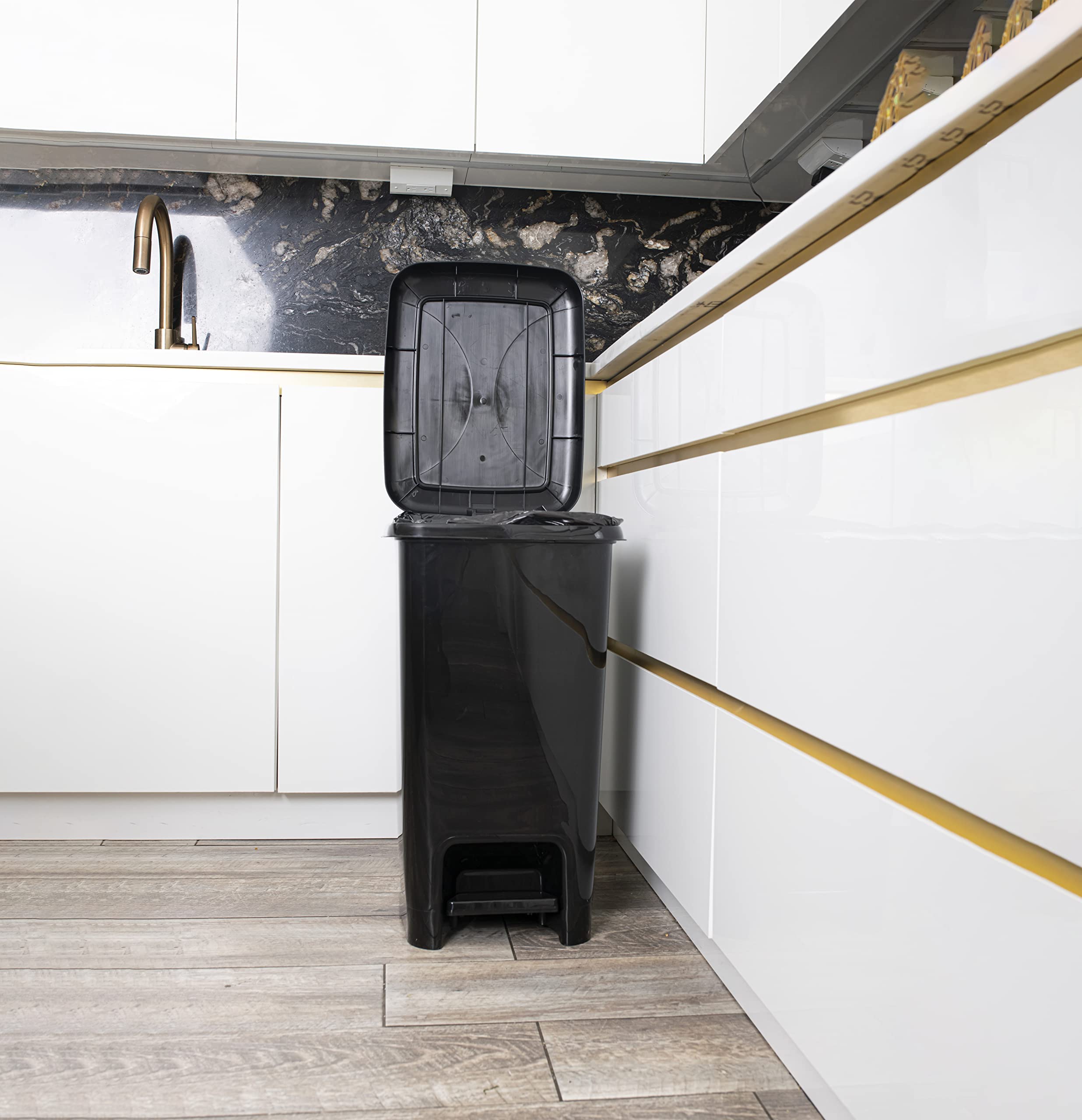 Superio 64 Qt Slim Step-On Pedal Trash Can - 16 Gallon Black Kitchen & Home Garbage Bin with Durable Metal Pedal | Perfect for Under Sink, Office, Bathroom & Outdoor Waste Disposal
