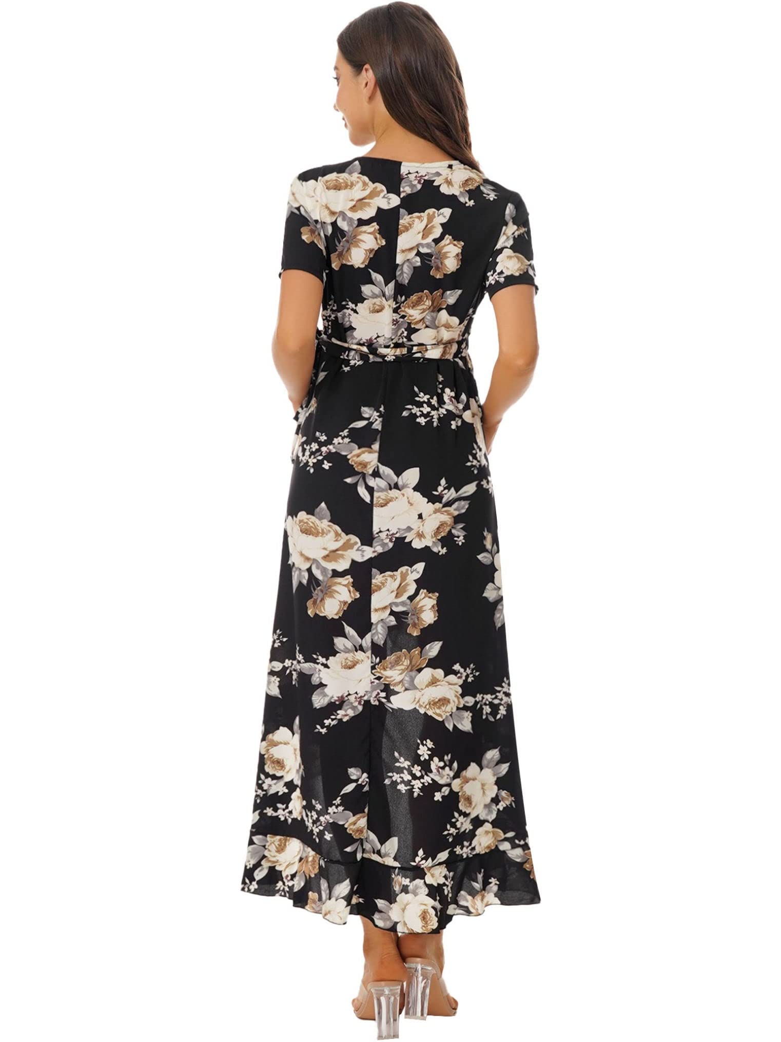 Freebily Women's Maternity Photography Dress - Bohemian Floral Wrap V-Neck Short Sleeve Dress with Belt for Pregnancy Photoshoot & Baby Shower