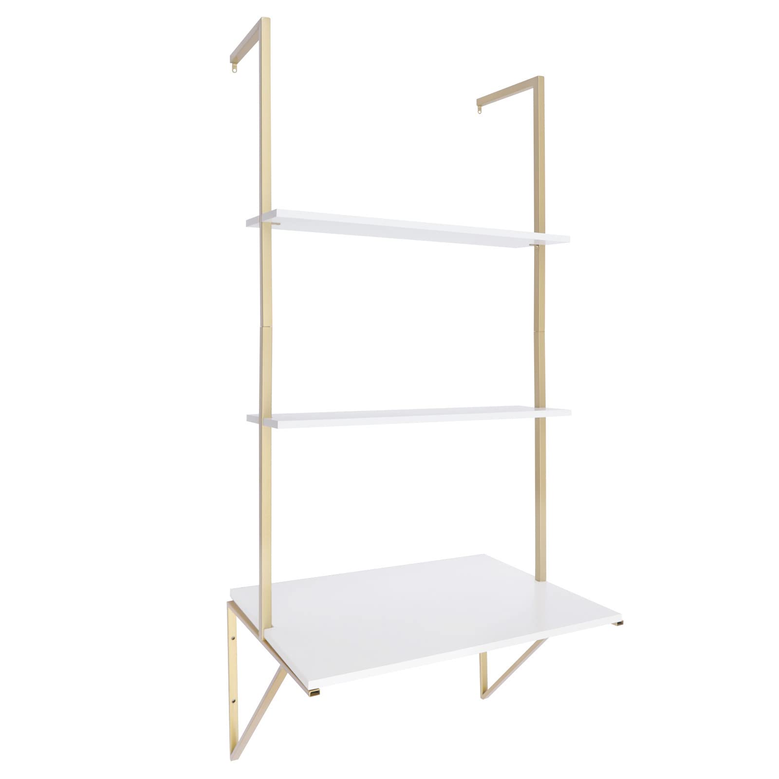3 Tier Floating Wall Shelf - Gold Standing Ladder Desk for Laundry, Bathroom, Kitchen, Bedroom & Office - Space Saving Decorative Storage & Display Solution