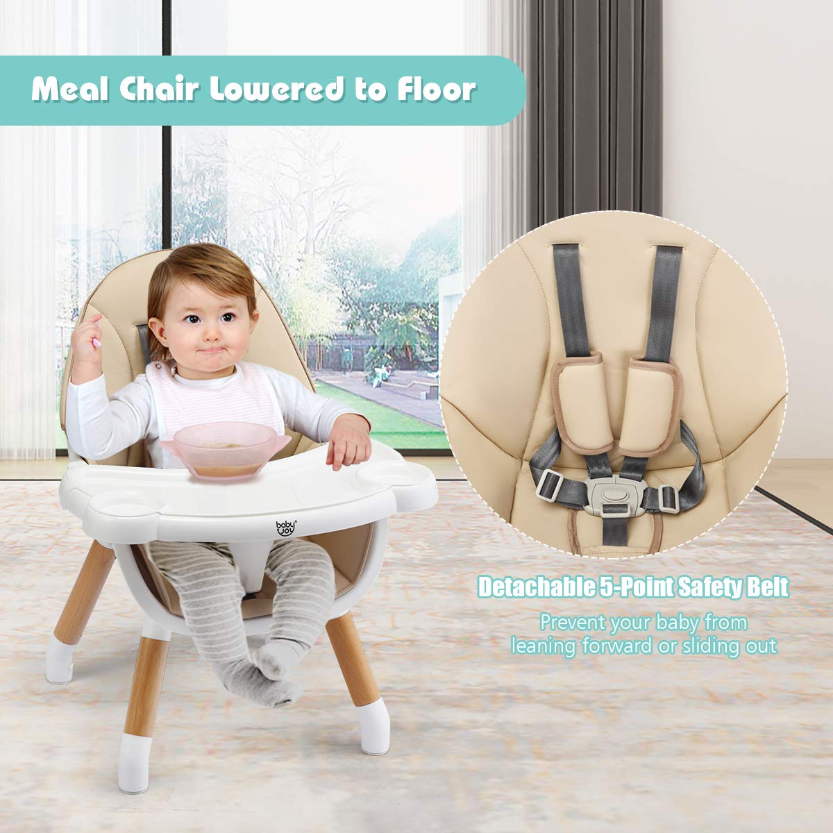 Baby Joy 5-in-1 Convertible High Chair for Babies & Toddlers - Wooden Booster Seat with 5-Point Harness, 4-Position Removable Tray & PU Cushion - Multi-Functional Dining Chair & Table Set (Khaki) - Perfect for Home, Restaurant & Travel Use