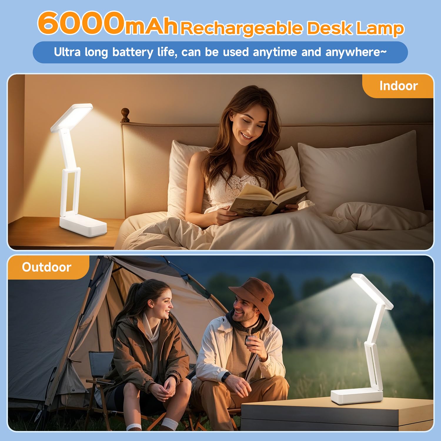 Rechargeable Small Desk Lamp - 6000mAh Battery, 3 Color Modes & 15 Brightness Levels, USB Charging Portable Light for Reading, Studying, Nail Art, Puzzles, and Office Work