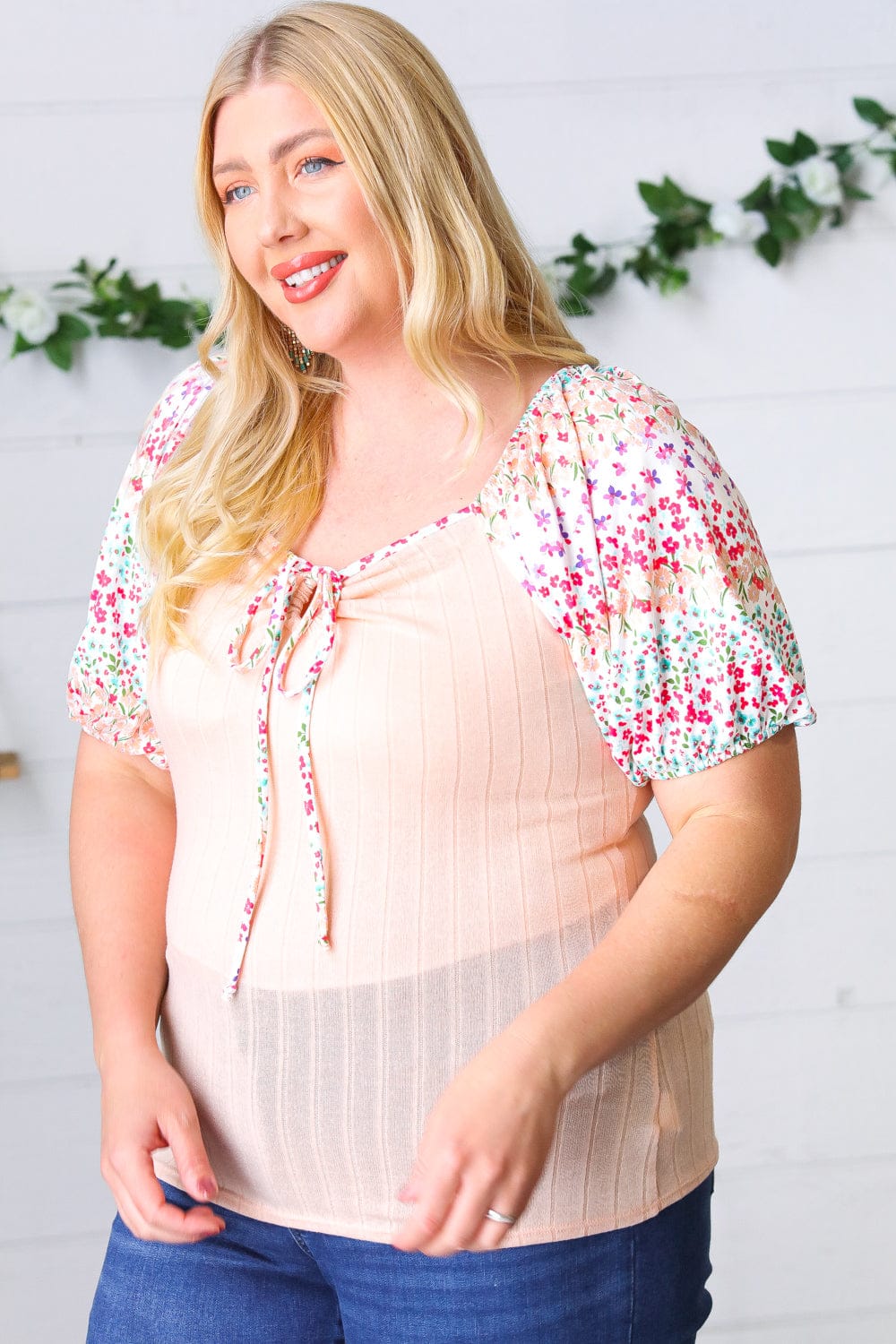 Peach & Floral Tie Neck Bubble Sleeve Blouse - Elegant Women's Fashion Top for Spring Summer Outfits, Date Night & Office Wear
