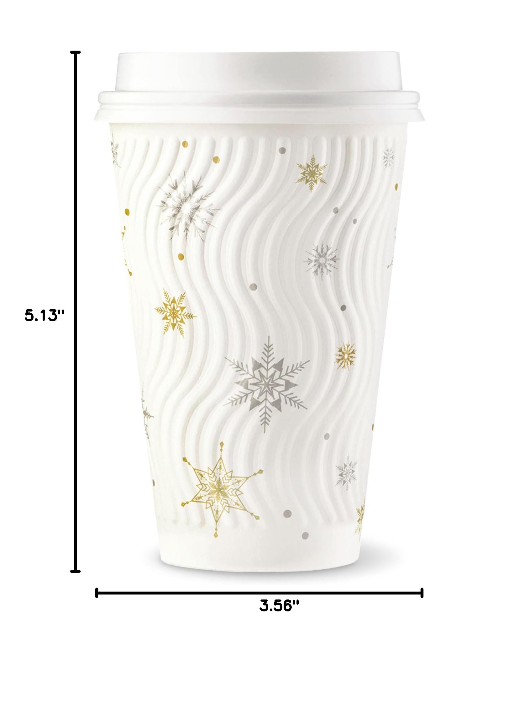 [400 SET] 16 oz Christmas Coffee Cups with Lids - White Snowflake Winter Disposable Paper Cups, Insulated Ripple Wall Design, XMAS Gold & Silver Foil - Perfect for Hot Chocolate, Holiday Parties & Office Gatherings