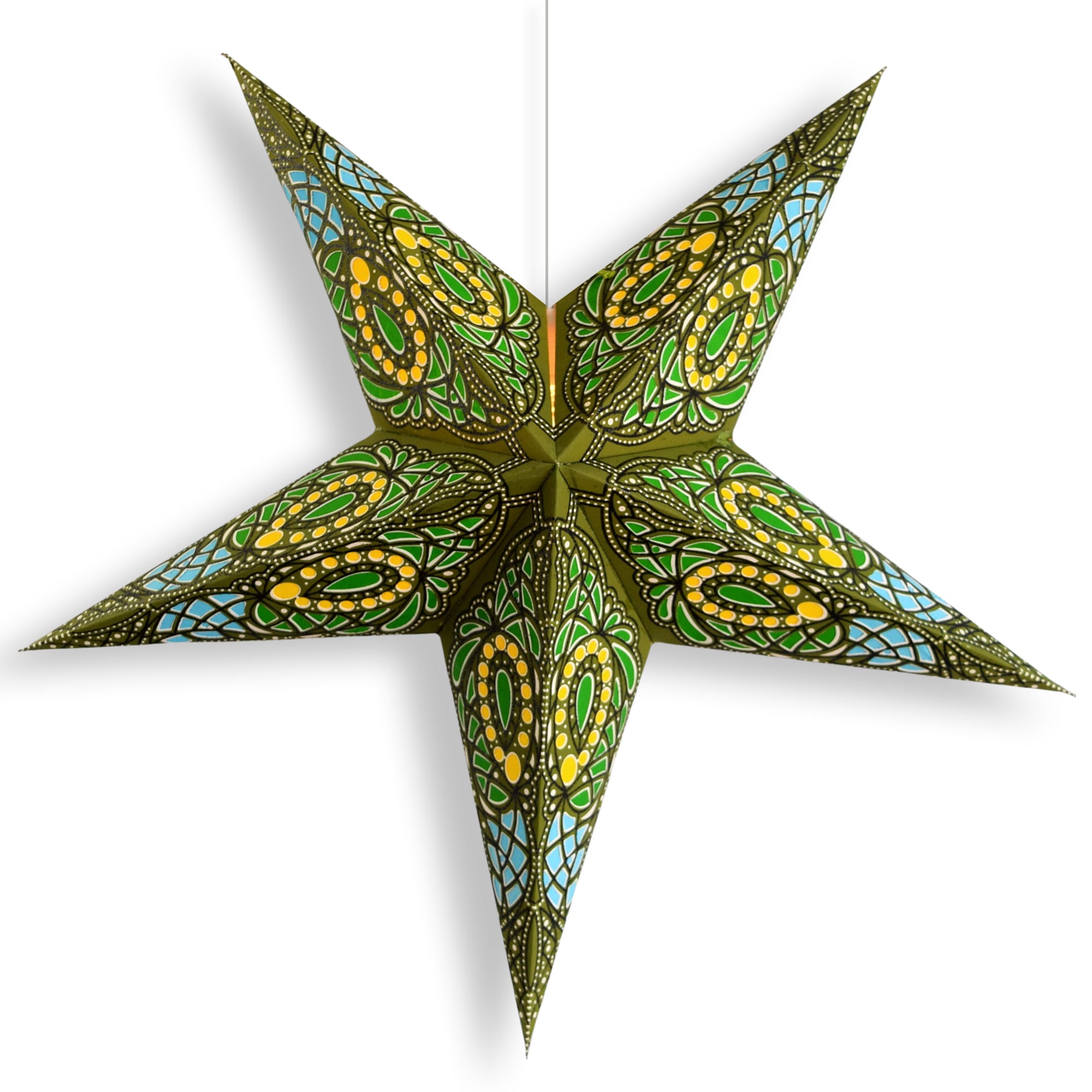 24 Inch Green Brown Galactic Glitter Paper Star Lantern with Pendant Light - Boho Home Decor for Bedroom, Living Room, Party & Wedding Decoration
