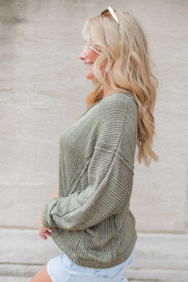 Stylish Olive Ribbed Knit V-Neck Top for Women - Soft & Comfortable Casual Wear - Perfect for Everyday Outfits & Layering