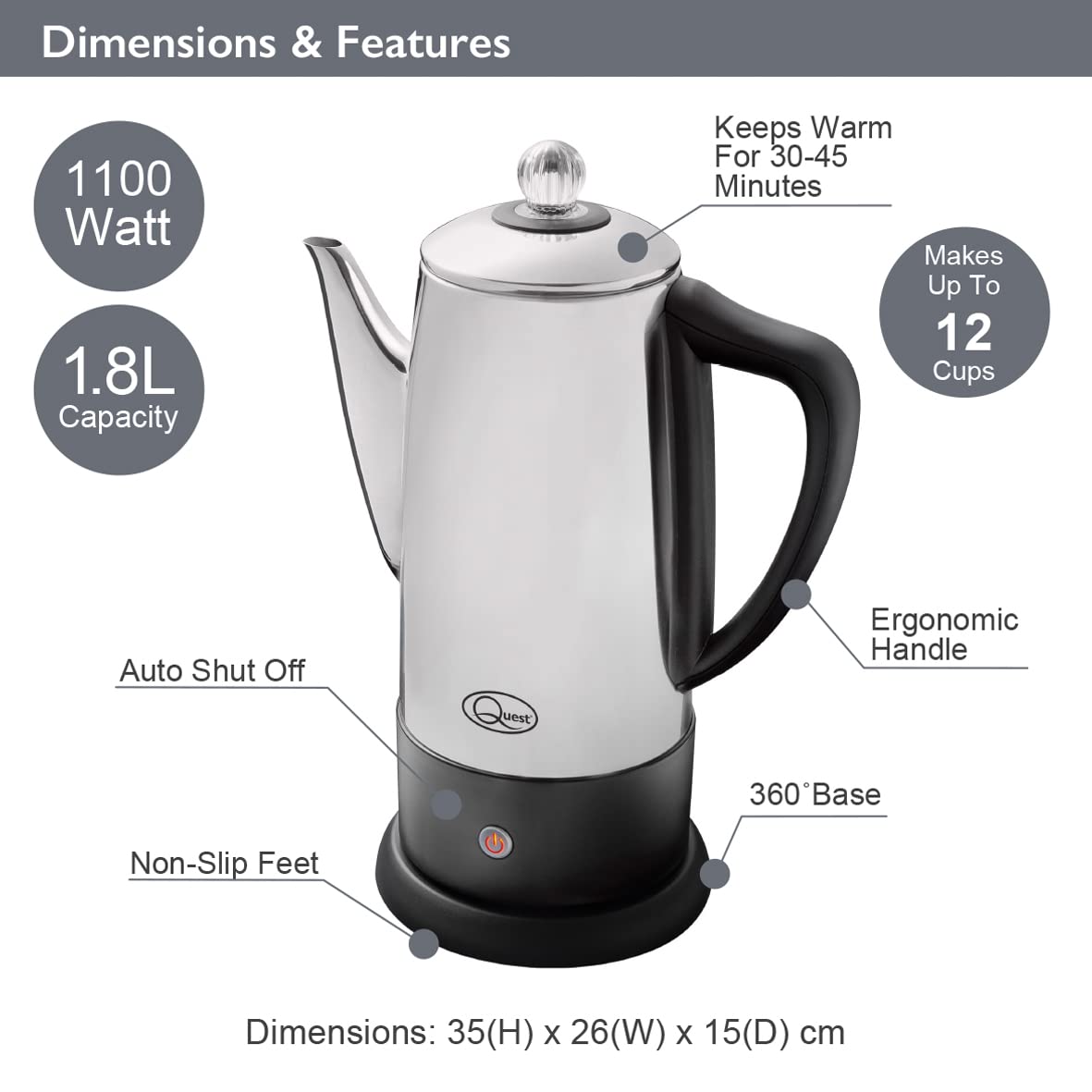 Quest 35200 Electric Coffee Percolator - 1.8L Stainless Steel Filter Coffee Maker with 30-45 Min Keep Warm, Removable Filter, 12-Cup Capacity (1100W) - Perfect for Home, Office & Camping Use