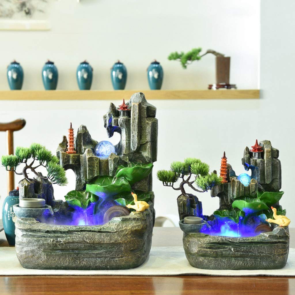 Resin Desktop Fountain with Rockery Waterfall, Fish Tank, Wind Water Wheel & Spinning Ball - Feng Shui Office Decor, Home Tabletop Water Feature for Relaxation & Stress Relief (Size S)