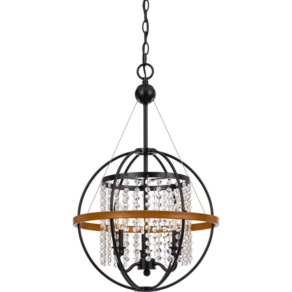 Hanover Emmilene Black Metal Sphere Pendant Light with Crystal Clear Beading - Rustic Industrial Hanging Chandelier for Kitchen Island, Dining Room, Bar, Living Room | Hardwired 3-Light Fixture | Perfect for Farmhouse, Modern & Vintage Home Decor