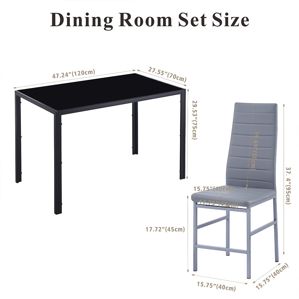 5-Piece Dining Table and Chair Set - Rectangular Glass Table with 4 PU Chairs (Black Table/Gray Chairs) - Perfect for Small Kitchens, Breakfast Nooks & Compact Dining Spaces