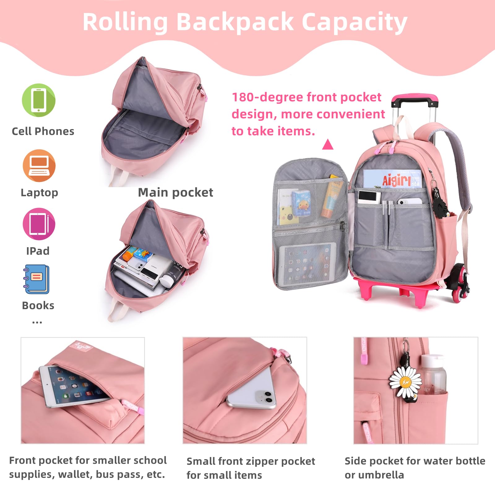 Rolling Backpack with Wheels - Kids Roller Backpack for School & Travel | Durable Trolley Bag for Boys & Girls | Perfect for Commuting, Airports & Daily Use (Black)
