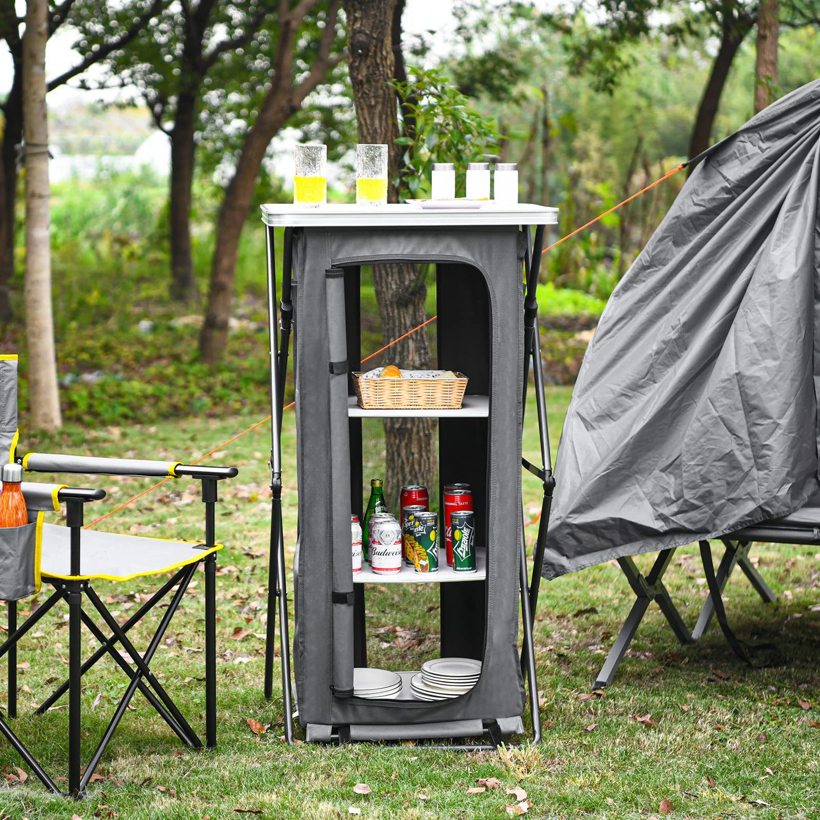 Giantex 3-Shelf Folding Camping Storage Cabinet with Carry Bag - Portable Outdoor Organizer for Camping, BBQ, Picnic & Backyard - Compact Pop-Up Cupboard (47
